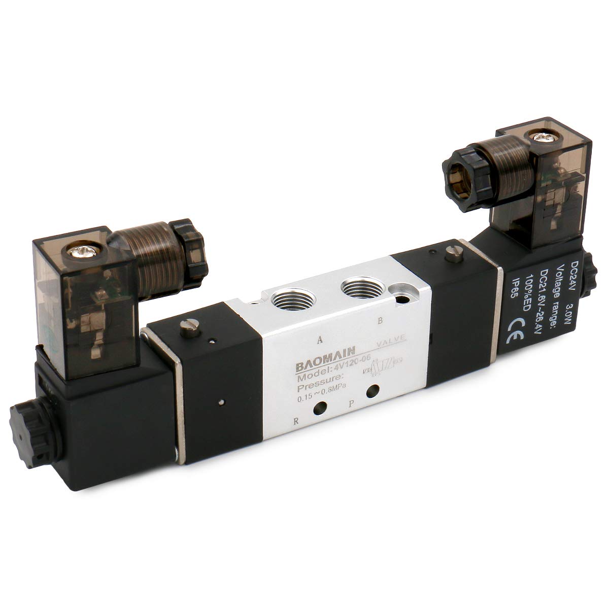 Baomain Pneumatisches Magnetluftventil 4V120-06 12 VDC/24 VDC/110 VAC/220 VAC 5-Wege-2-Positionen-PT 1/8 Zoll, intern vorgesteuerter Wirktyp, doppelte elektrische Steuerung