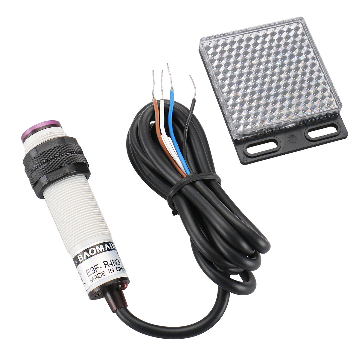 Baomain Photoelectric Sensor E3F-R4N3 Retroreflective Optical Sensor Switch DC 10-30V NPN NO+NC Sensing Distance 4m with Reflector Panel