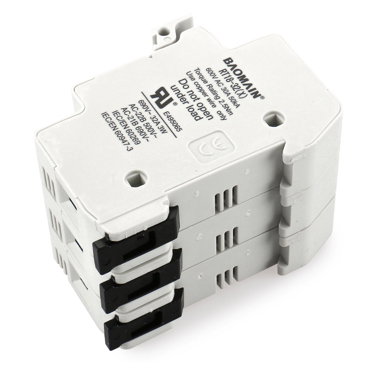 Baomain Cylindrical Fuse Holder RT18-32(X) 10mm X 38mm Fuse Base 3 Poles DIN Rail Mount CE&UR Listed With Fuse Pack of 10 - BAOMAIN