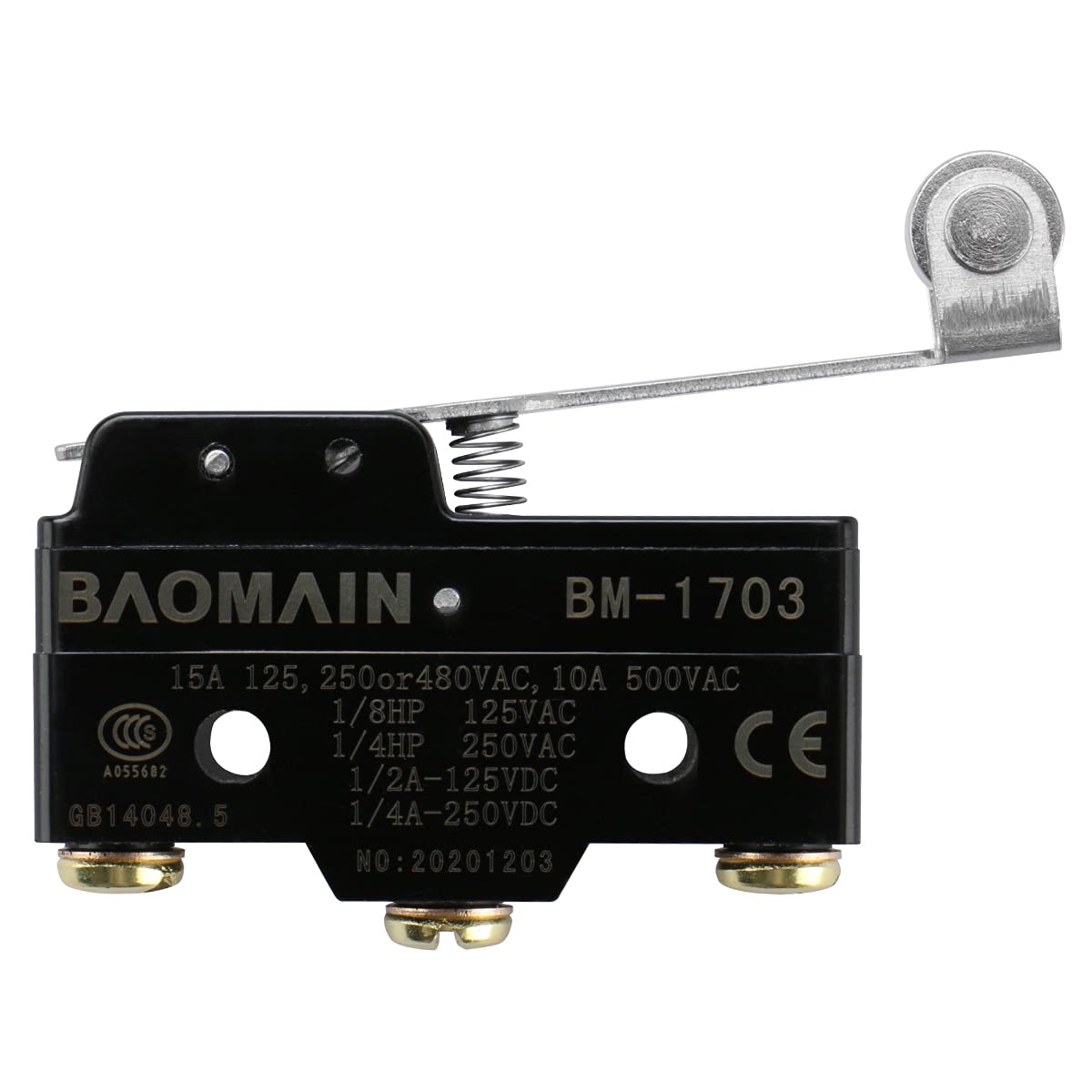 Baomain Mikroschalter BM-1703 (TM-1703) langer Scharnierrollenhebel, AC 380 V, 15 A, Schraubklemmen