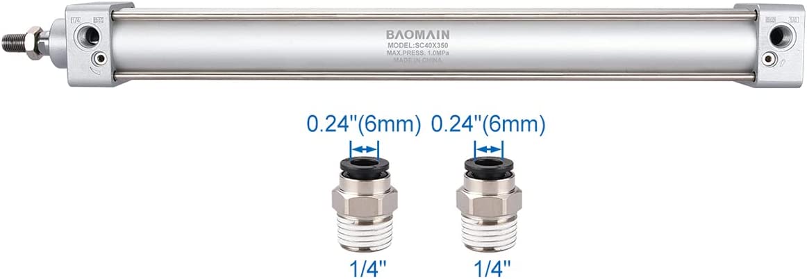 Baomain Pneumatischer Luftzylinder SC 40-350-S PT 1/4, Bohrung: 40mm, Hub: 350 mm, verschraubte Kolbenstange, Dual Action 1 Mpa mit Magnet
