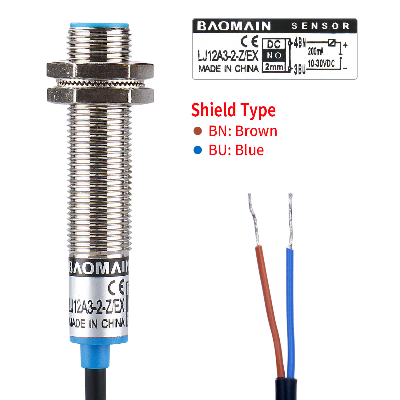 Baomain M12 Approach Sensor Inductive Proximity Switch LJ12A3-2-Z/EX NO DC 10-30V, 2mm Detecting Distance 2 wire - BAOMAIN