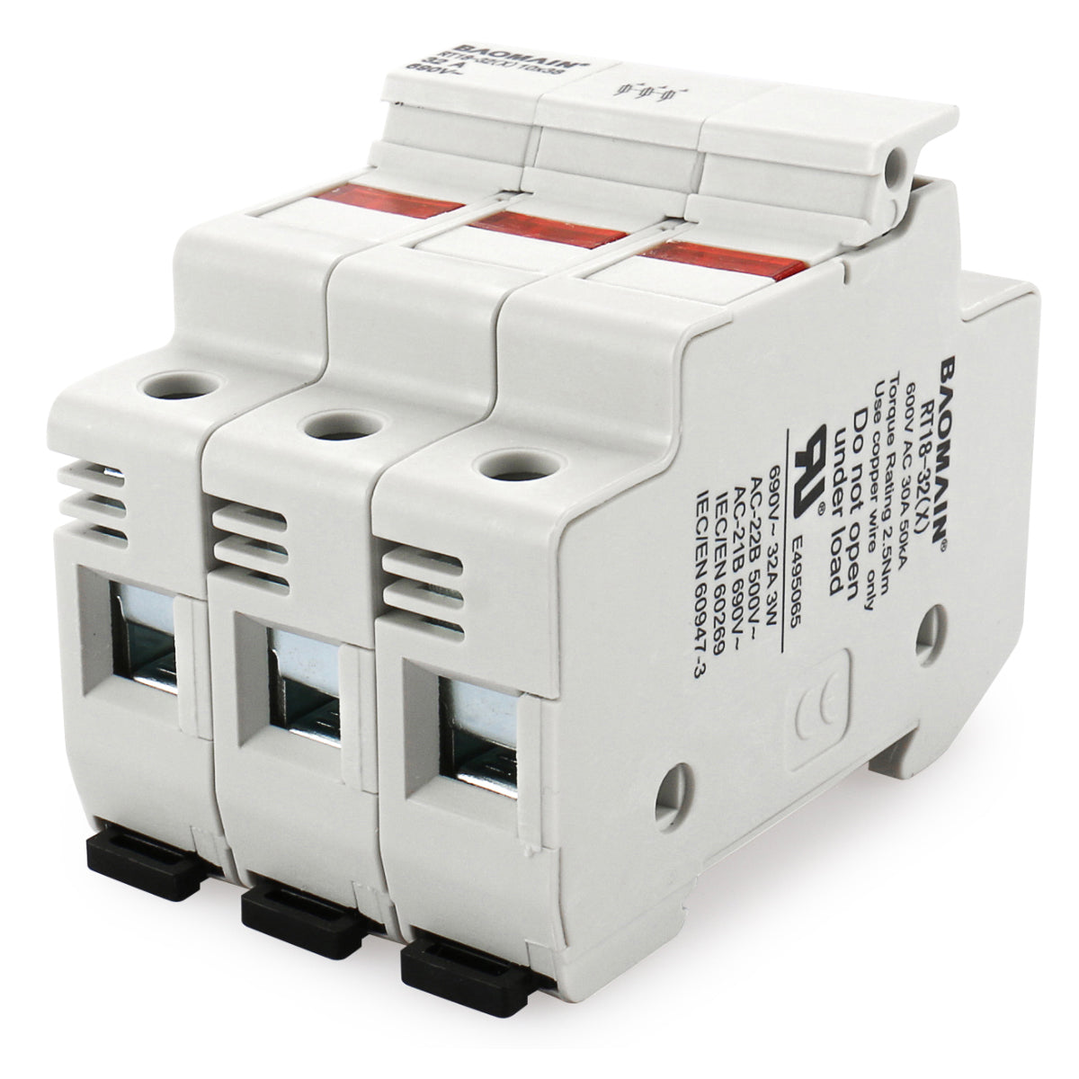 Baomain Cylindrical Fuse Holder RT18-32(X) 10mm X 38mm Fuse Base 3 Poles DIN Rail Mount CE&UR Listed With Fuse Pack of 10 - BAOMAIN