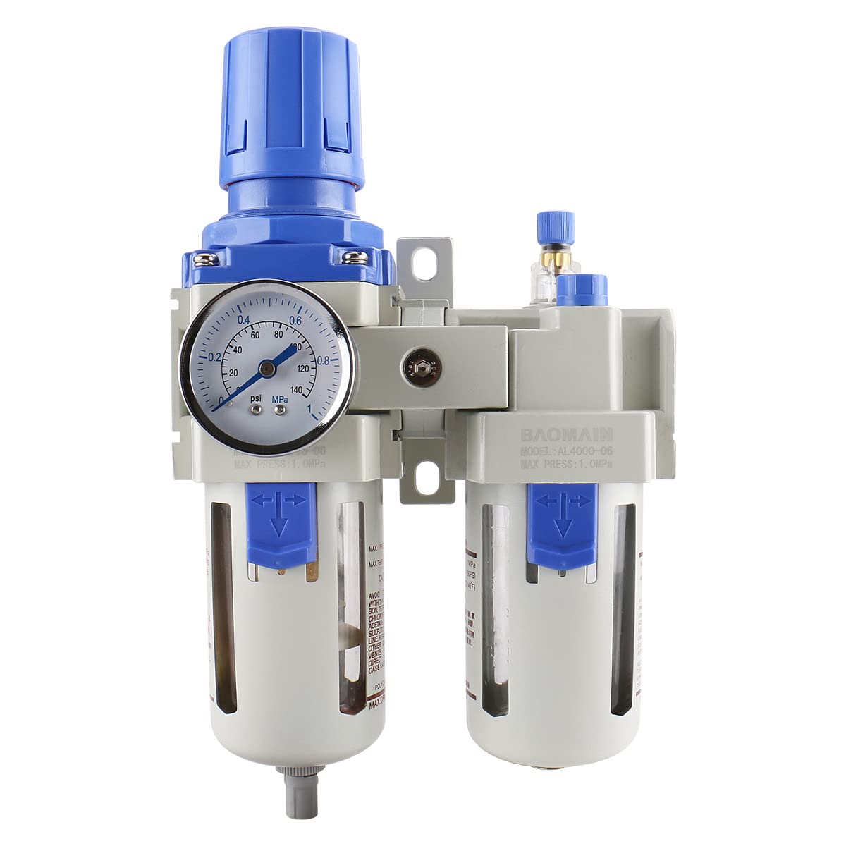 BAOMAIN 3/4 Zoll PT Luftfilter-Druckregler mit Manometer AC4010-06 (AW4000-06+AL4000-06) Manuelle Entleerung Öl-Wasser-Abscheider Luftfilterkombination 0~145 PSI Metallhalterung