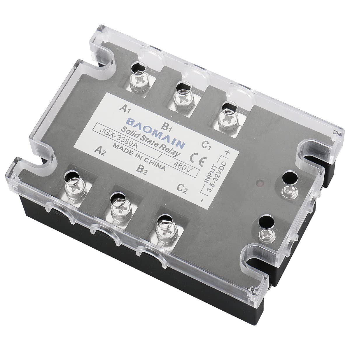 Baomain 3-Phasen-Halbleiterrelais JGX-3380A 3,5–32 VDC Eingang 480 VAC 80 Ampere Ausgang DC/AC mit Kühlkörper