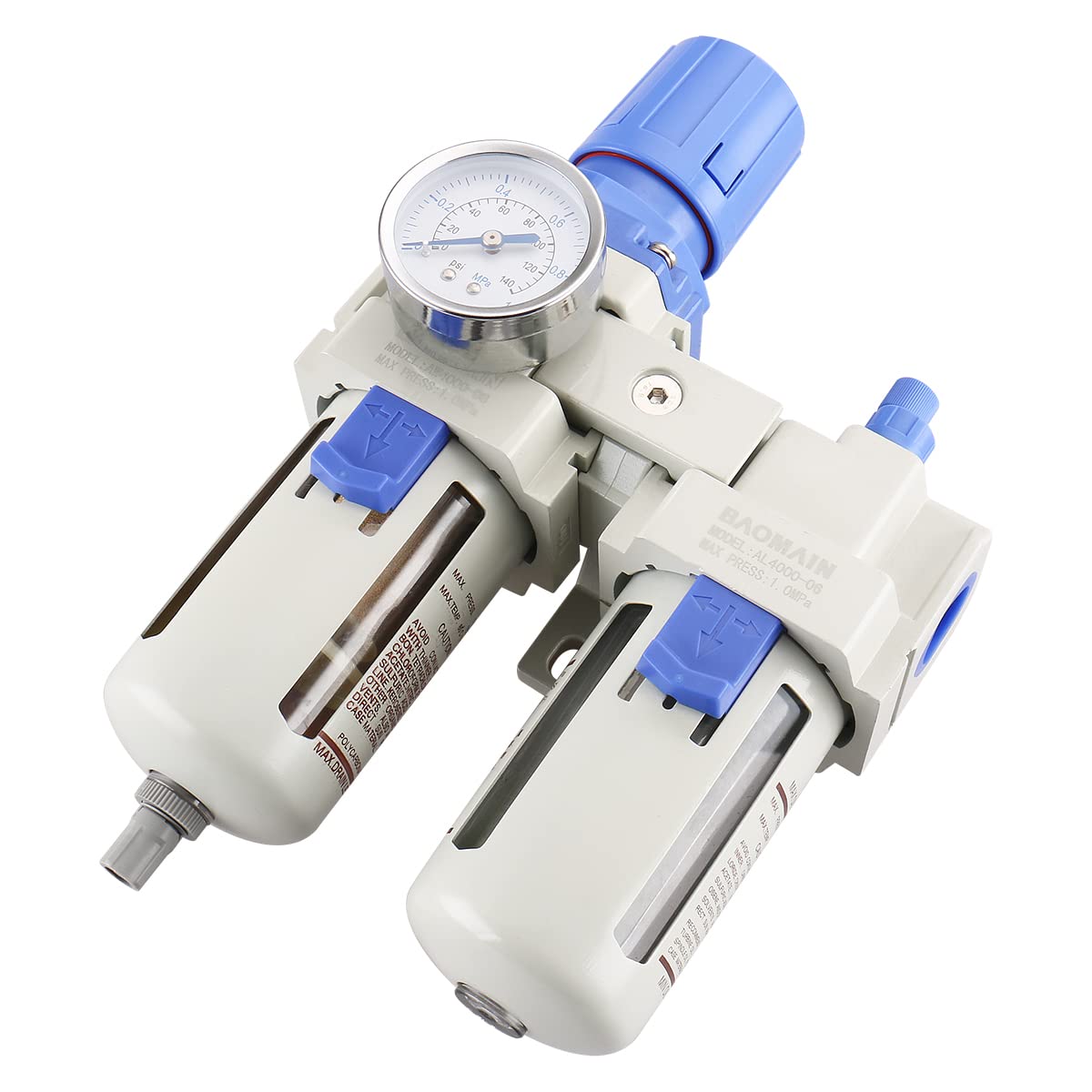BAOMAIN 3/4 Zoll PT Luftfilter-Druckregler mit Manometer AC4010-06 (AW4000-06+AL4000-06) Manuelle Entleerung Öl-Wasser-Abscheider Luftfilterkombination 0~145 PSI Metallhalterung