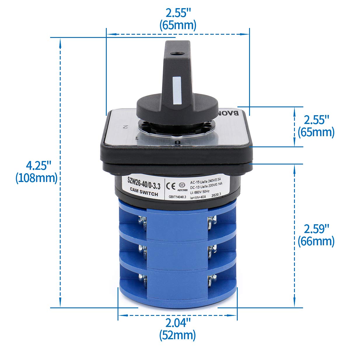 Baomain Rotary Cam Changeover Switch SZW26-40/0-3.3 660V 40A 12 Terminals 4 Positions - BAOMAIN