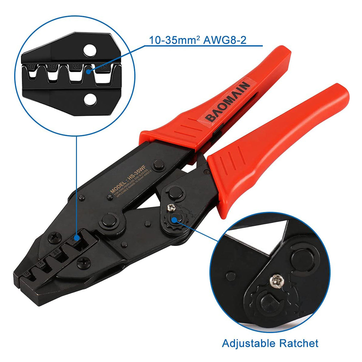 Baomain Ratschen-Crimpzange HS-35WF für Aderendhülsen 8-2 AWG (10,15,25,35 mm²)