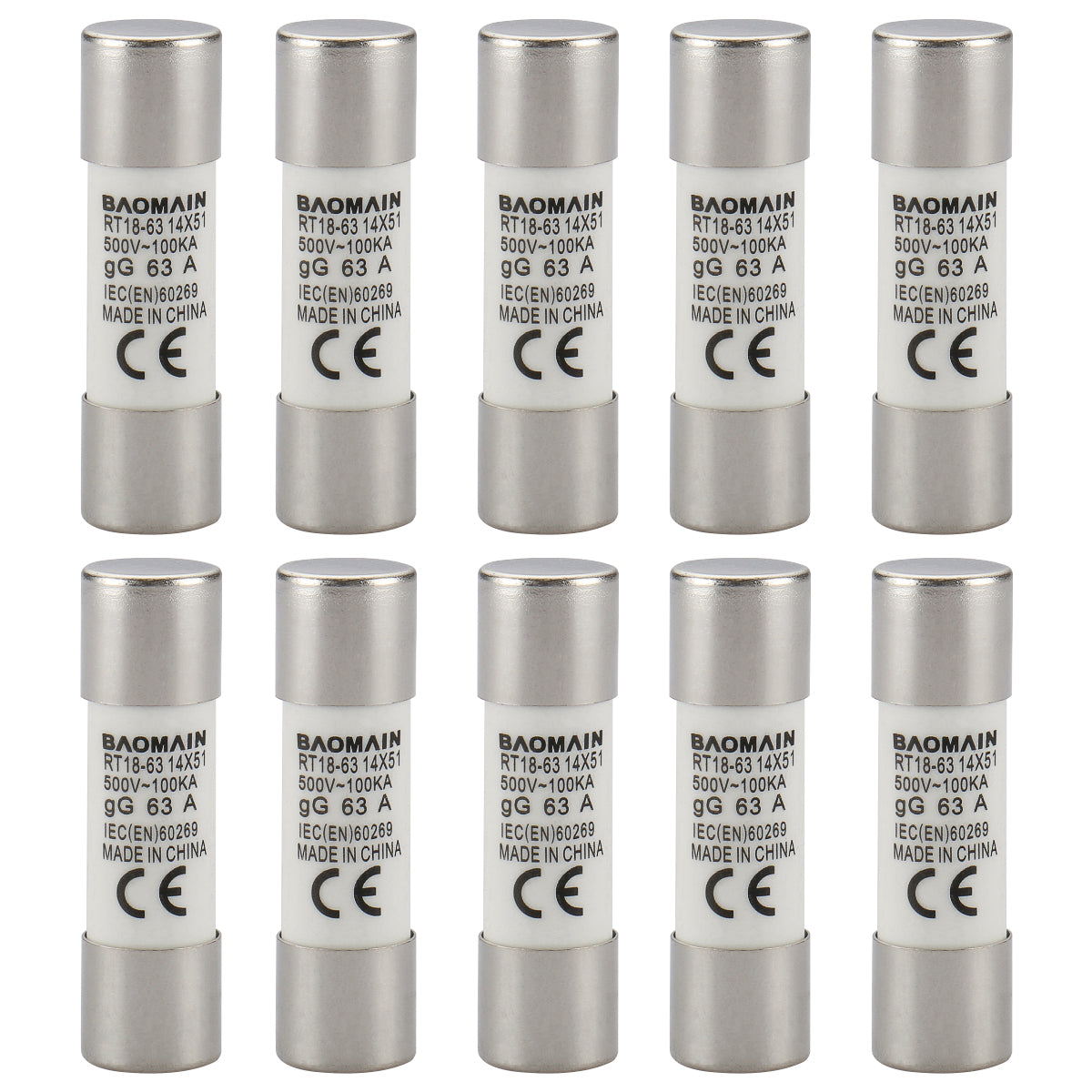 Baomain Sicherungseinsatz RT18-63 (RO16 RT14 RT19) 25 A/32 A/40 A/50 A/63 A, zylindrisches Keramikrohr, 14 x 51 mm, 500 V, 100 KA, CE-gelistet, 10 Stück