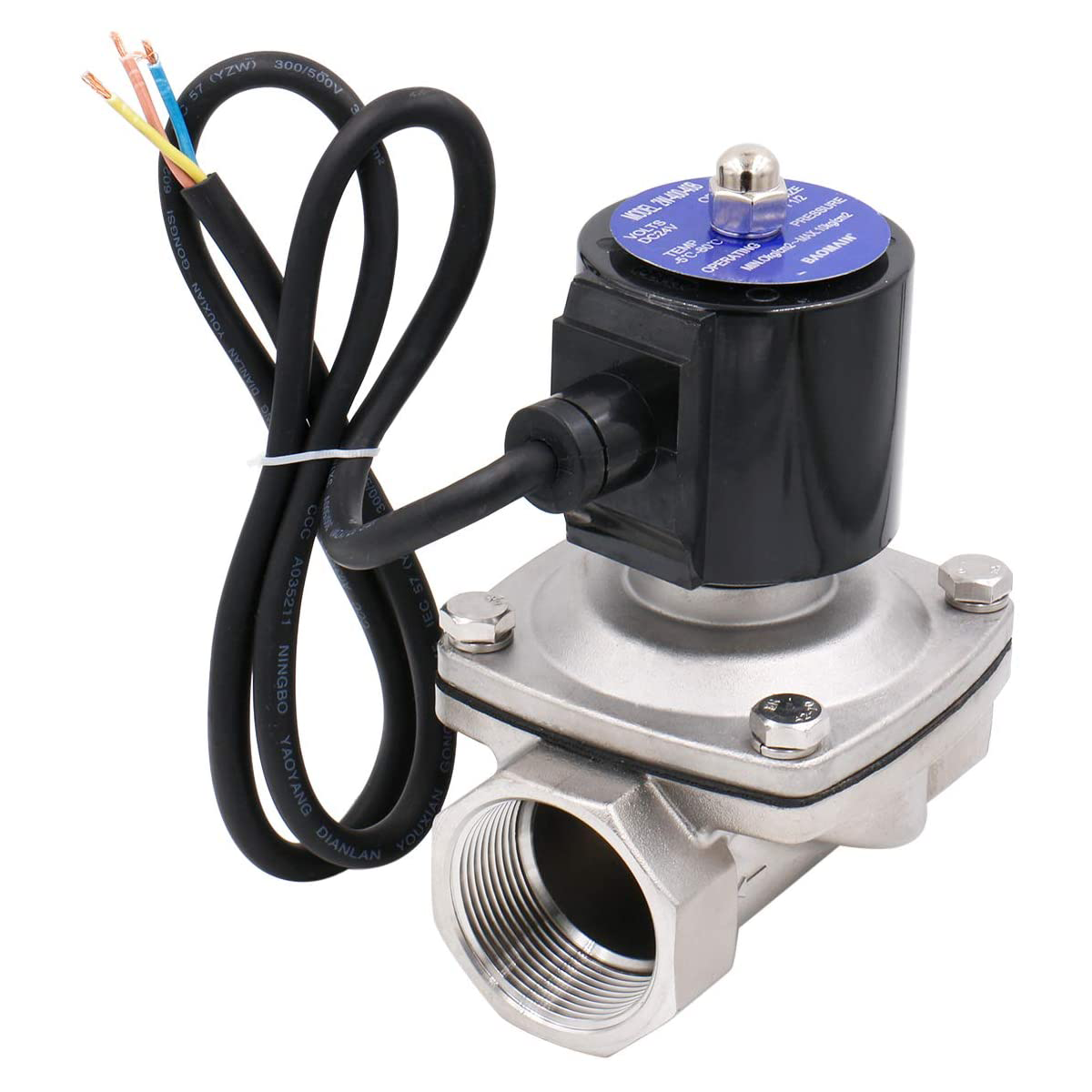 Baomain Elektrisches Magnetventil, 1-1/2 Zoll Zoll, DC24 V, normalerweise geschlossen (NC), Wasser, IP66, Silber, Stahl, Edelstahl, 2W-400-40B