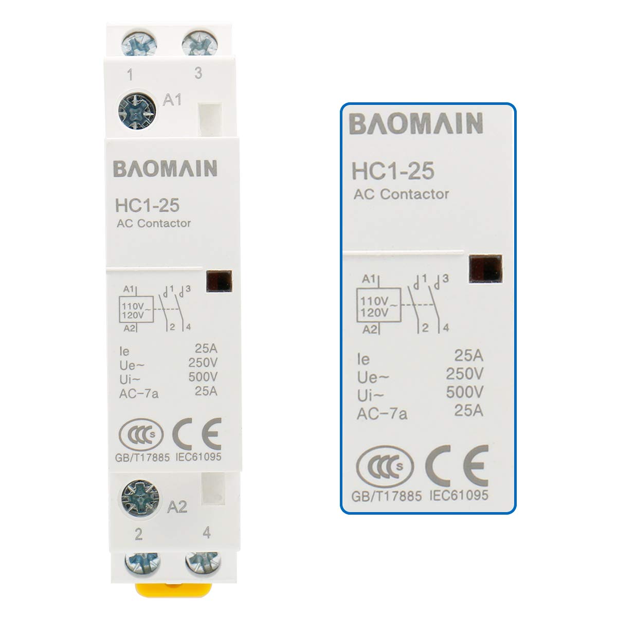 Baomain Universal AC Contactor HC1-25(BCT-25) 110V-120VAC 25A Normally Open 2 Pole 50/60Hz Circuit Control 35mm DIN Rail - BAOMAIN