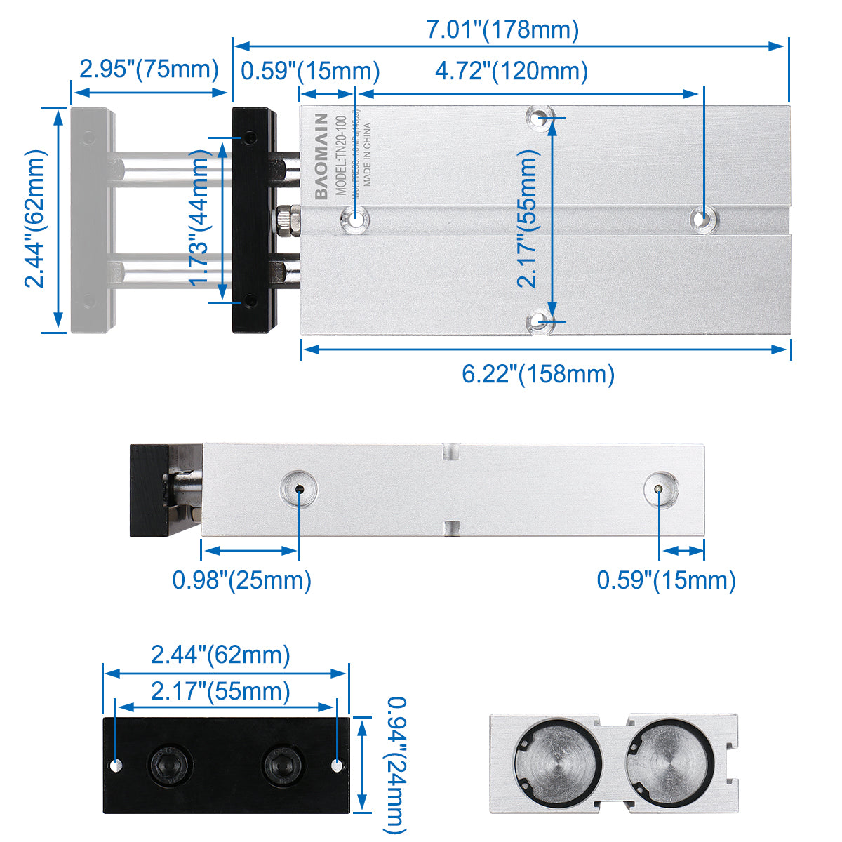 BAOMAIN Pneumatischer Luftzylinder TN20-100 20mm (4/5") Bohrung, 100mm (4") Hub Doppelstange Doppeltwirkend Aluminium mit 2 Armaturen