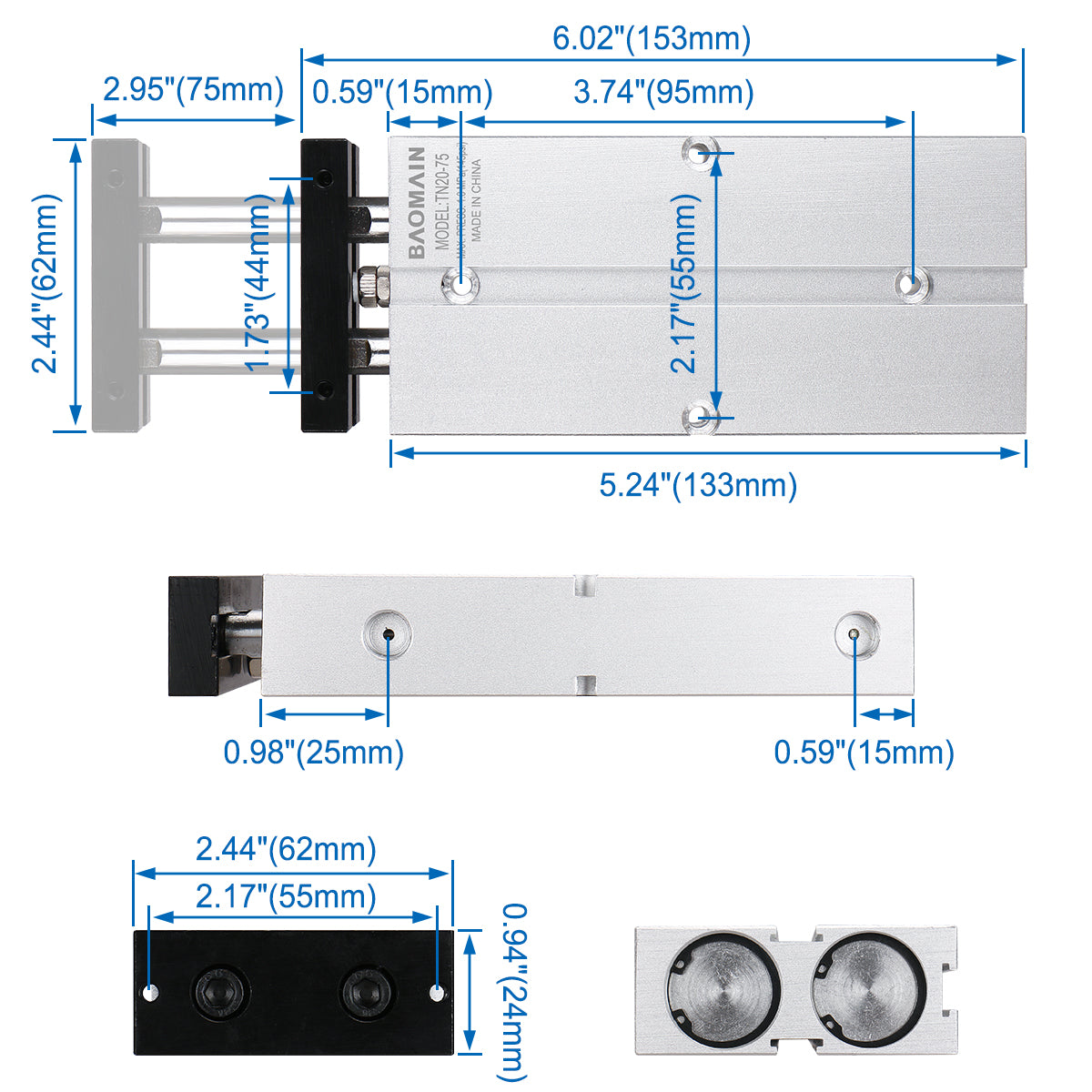 BAOMAIN Pneumatischer Luftzylinder TN20-75 20mm (4/5") Bohrung, 75mm (3") Hub Doppelstange Doppeltwirkend Aluminium mit 2 Armaturen