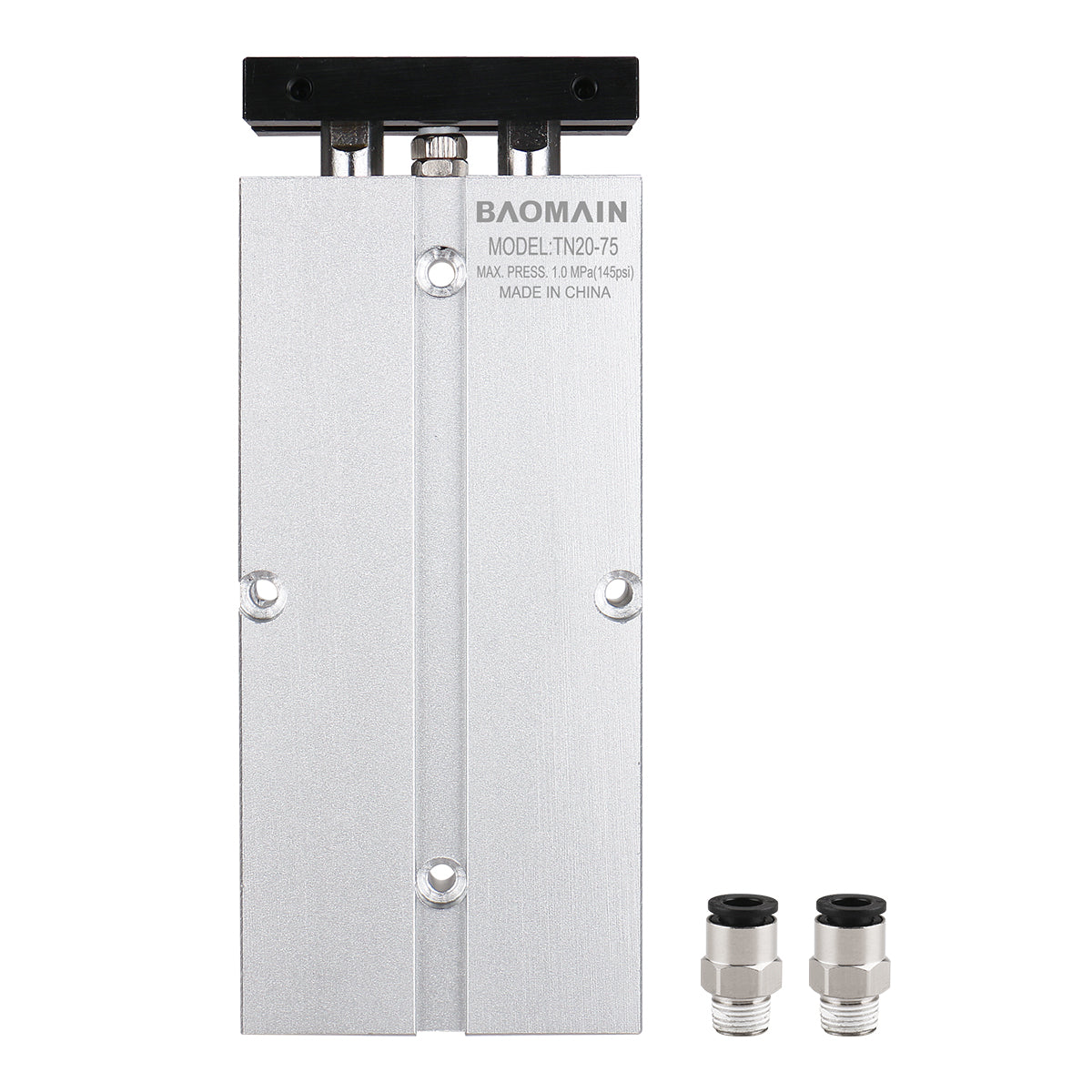 BAOMAIN Pneumatischer Luftzylinder TN20-75 20mm (4/5") Bohrung, 75mm (3") Hub Doppelstange Doppeltwirkend Aluminium mit 2 Armaturen