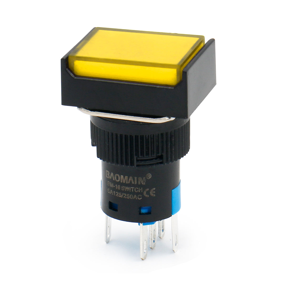 Baomain 16mm Yellow Momentary Push Button Switch Rectangular Cap Yellow LED Lamp SPDT 5 Pin Pack of 5 - BAOMAIN