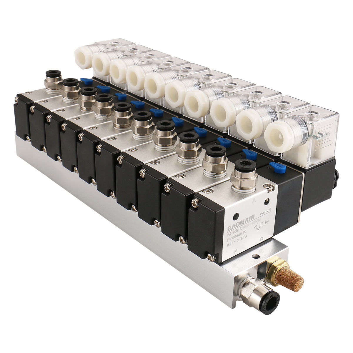 Baomain 10 Space Pneumatisches Magnetventil 3V210-08 12 V/24 V/110 V/220 V PT1/4 2-Positionen-3-Wege-Verteiler mit Basisschalldämpfer-Schnellmontagesatz