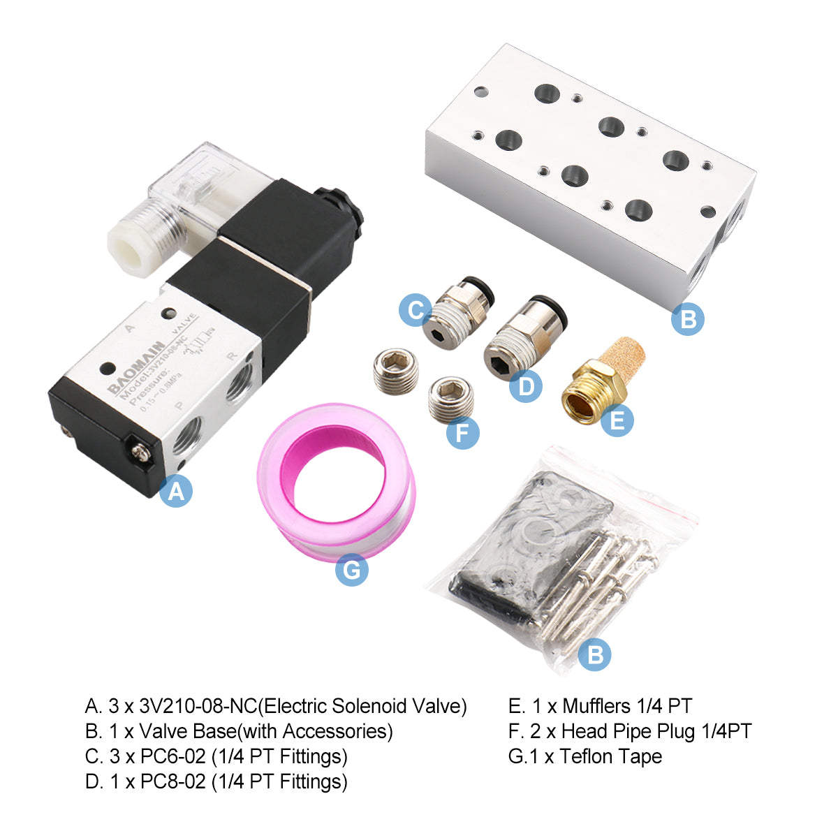 Baomain 3 Space Pneumatisches Magnetventil 3V210-08 12 V/24 V/110 V/220 V PT1/4 2-Positionen-3-Wege-Verteiler mit Basisschalldämpfer-Schnellmontagesatz