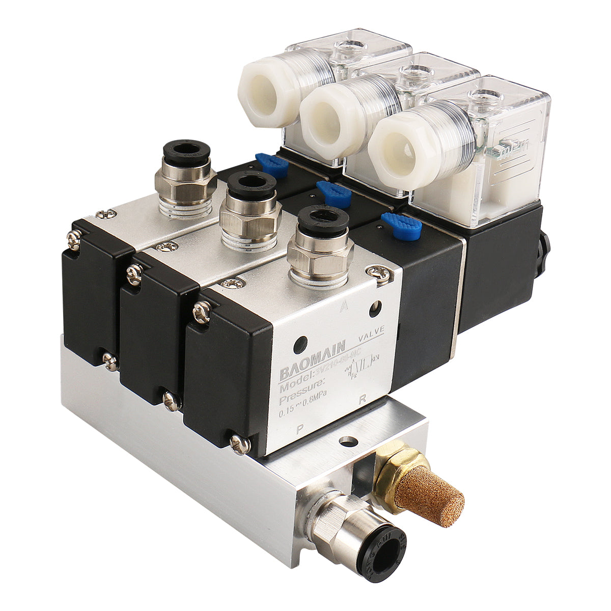 Baomain 3 Space Pneumatisches Magnetventil 3V210-08 12 V/24 V/110 V/220 V PT1/4 2-Positionen-3-Wege-Verteiler mit Basisschalldämpfer-Schnellmontagesatz