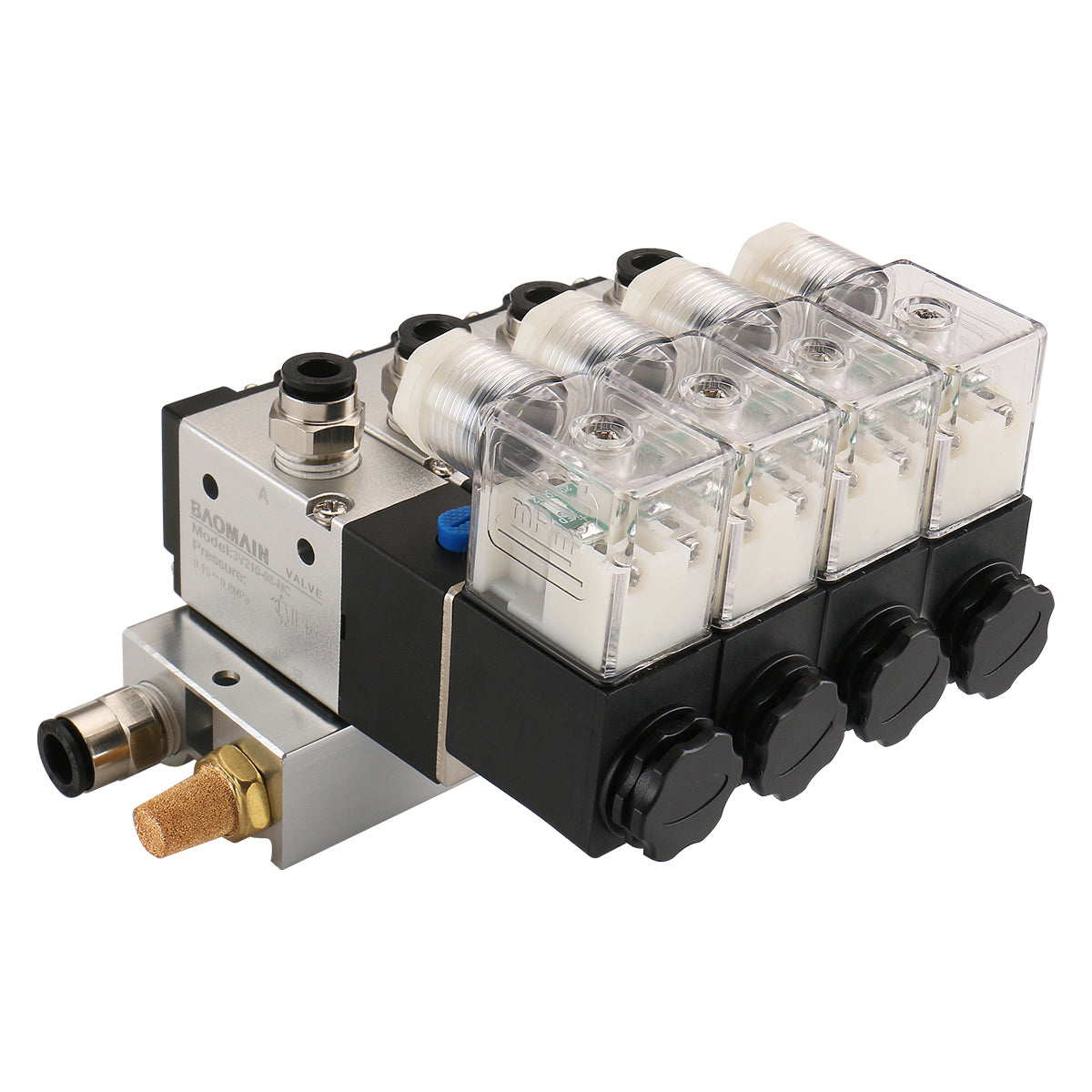 Baomain 4 Space Pneumatisches Magnetventil 3V210-08 12 V/24 V/110 V/220 V PT1/4 2-Positionen-3-Wege-Verteiler mit Basisschalldämpfer-Schnellmontagesatz