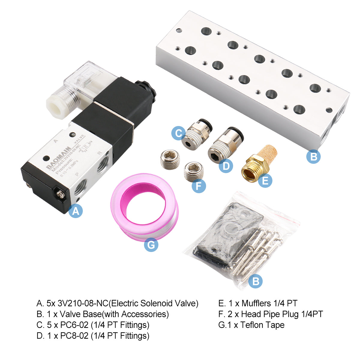 Baomain 5 Space Pneumatisches Magnetventil 3V210-08 12 V/24 V/110 V/220 V PT1/4 2-Positionen-3-Wege-Verteiler mit Basisschalldämpfer-Schnellmontagesatz