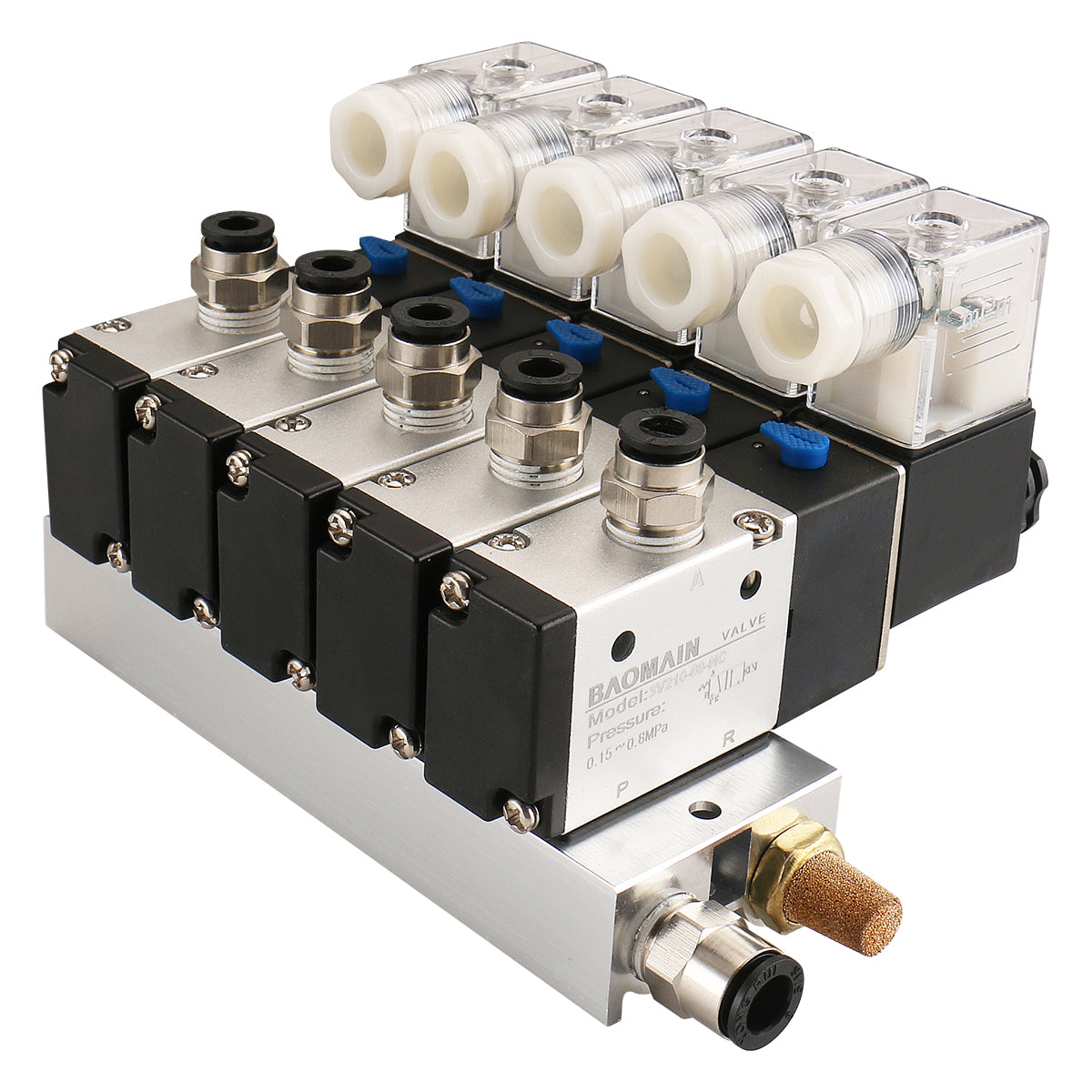Baomain 5 Space Pneumatisches Magnetventil 3V210-08 12 V/24 V/110 V/220 V PT1/4 2-Positionen-3-Wege-Verteiler mit Basisschalldämpfer-Schnellmontagesatz