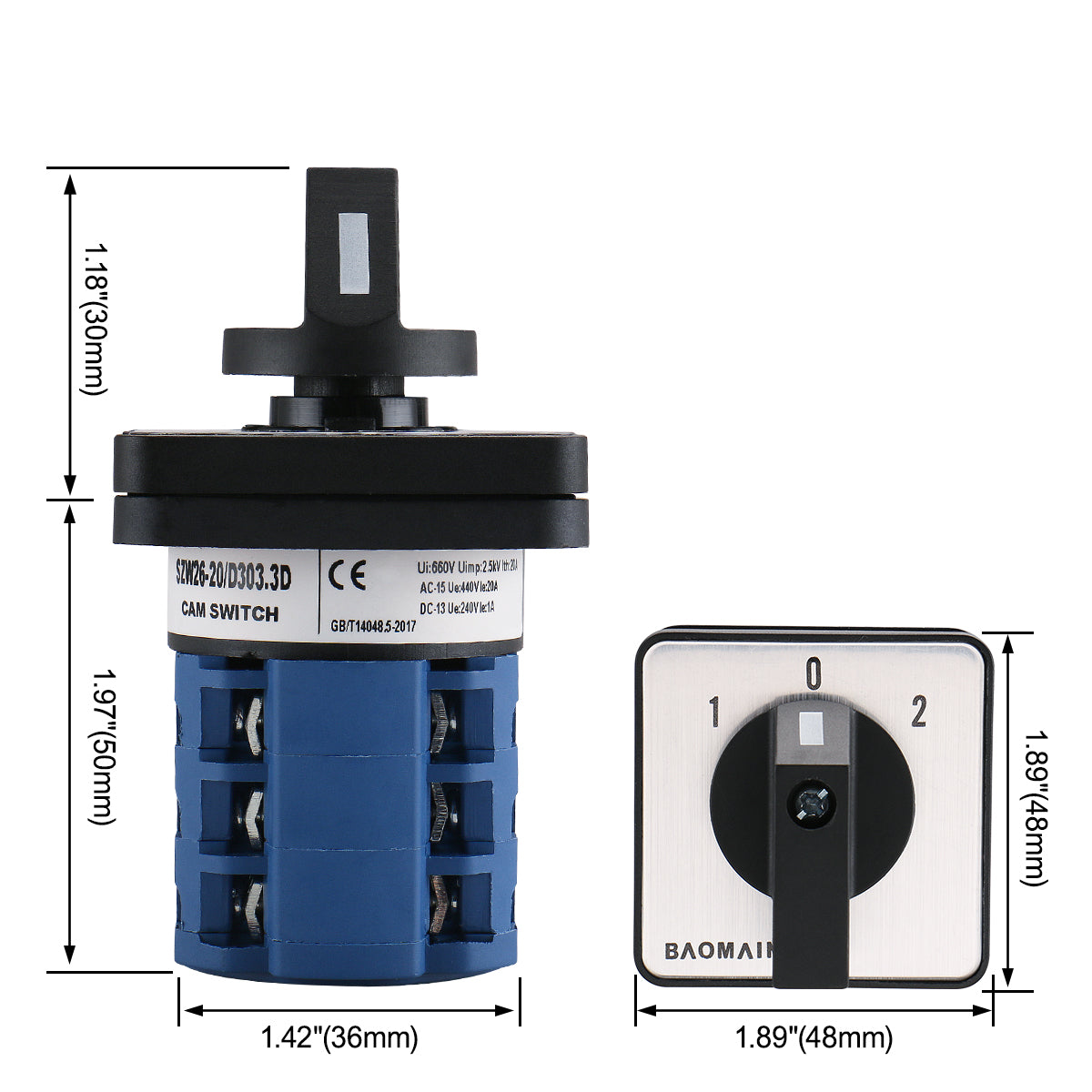 Baomain Changeover Rotary Cam Switch 20A SZW26-20/D303.3 660V On-Off-On 3 Positions 12 Terminals - BAOMAIN