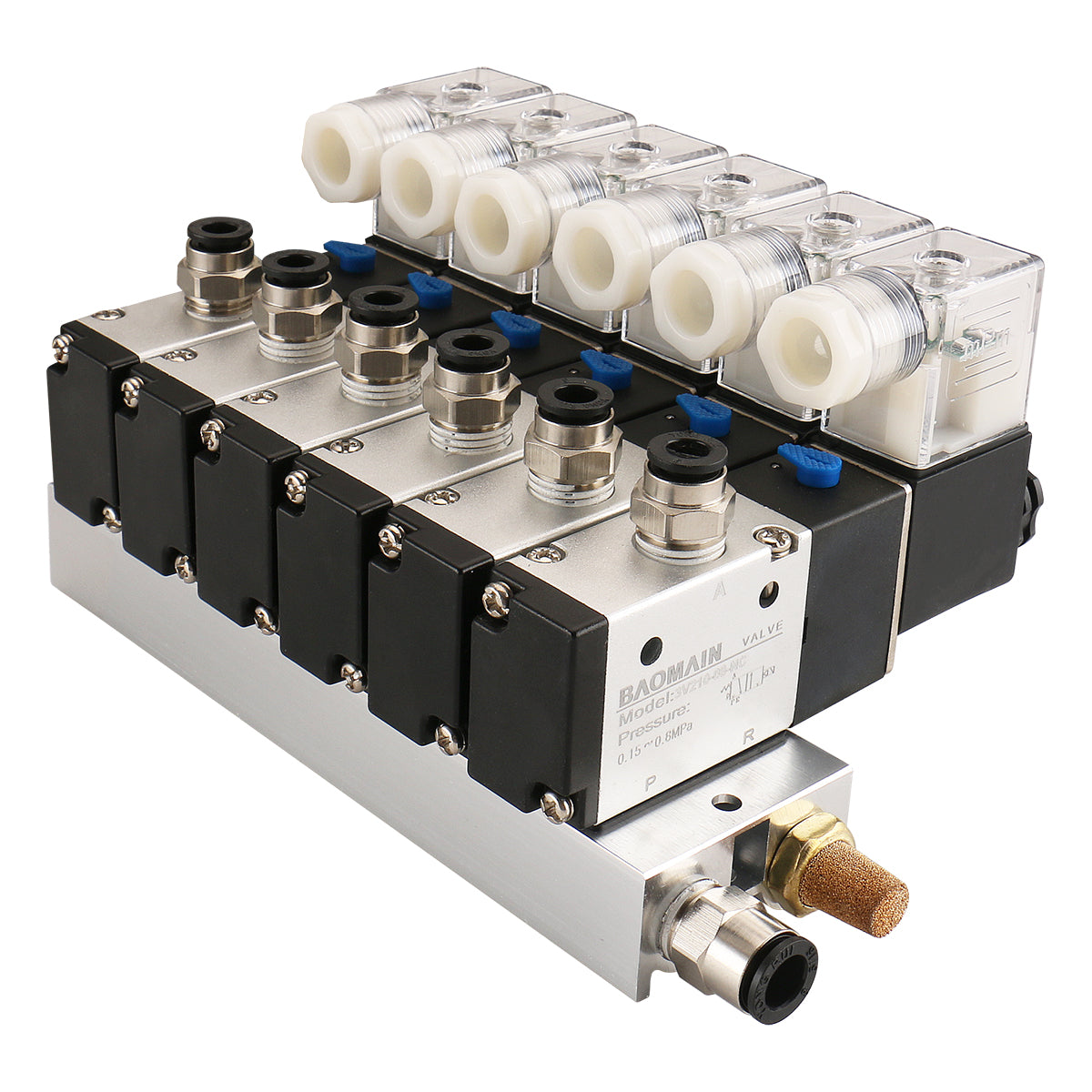 Baomain 6 Space Pneumatisches Magnetventil 3V210-08 12 V/24 V/110 V/220 V PT1/4 2-Positionen-3-Wege-Verteiler mit Basisschalldämpfer-Schnellmontagesatz