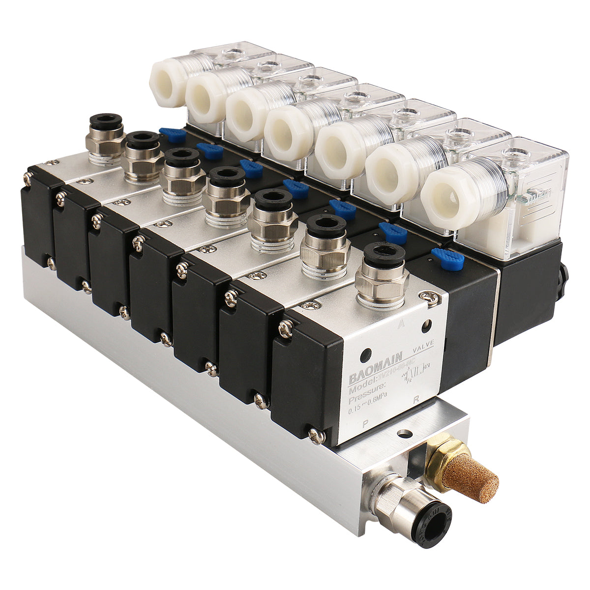 Baomain 7 Space Pneumatisches Magnetventil 3V210-08 12 V/24 V/110 V/220 V PT1/4 2-Positionen-3-Wege-Verteiler mit Basisschalldämpfer-Schnellmontagesatz