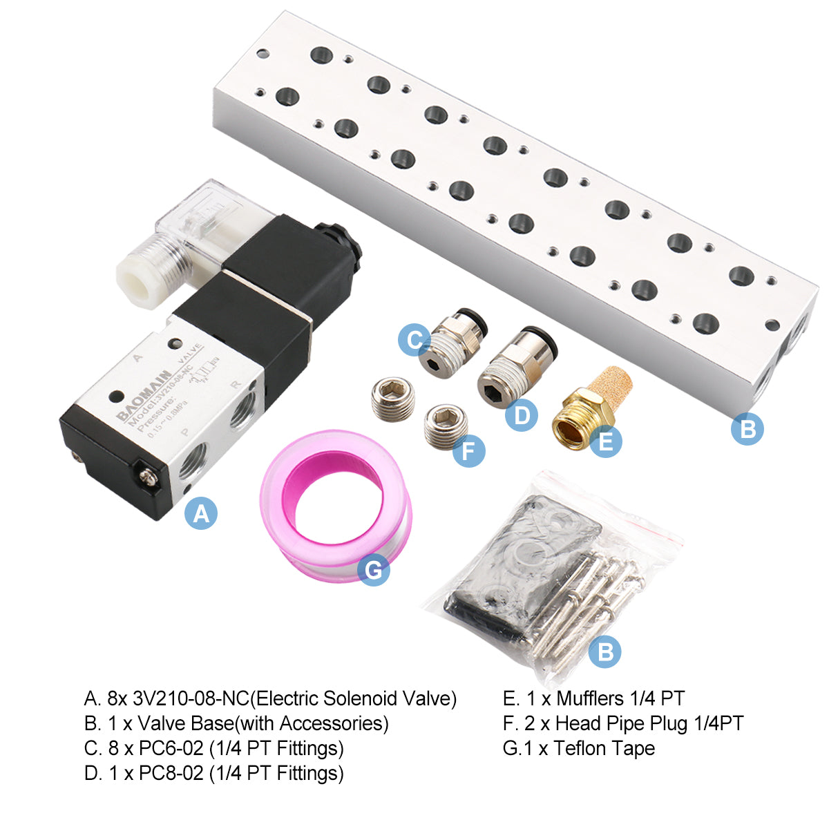 Baomain 8 Space Pneumatisches Magnetventil 3V210-08 12 V/24 V/110 V/220 V PT1/4 2-Positionen-3-Wege-Verteiler mit Basisschalldämpfer-Schnellmontagesatz