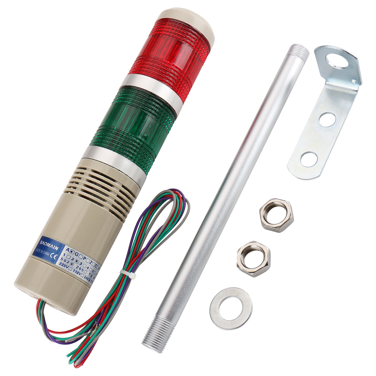 Baomain Industrial Signal Light Column LED Alarm Round Tower Light Indicator Continuous Light Warning Light Buzzer Red Green LTA-502TJ - BAOMAIN