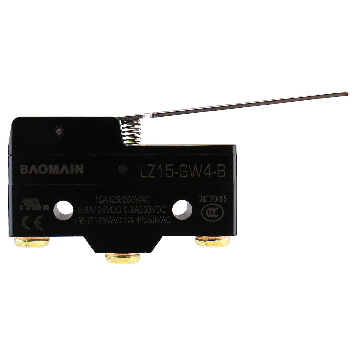 Baomain Mikroschalter, langer Scharnierhebel, 15 A, 250 VAC, SPDT, 1 Schließer, 1 Öffner, Z15-GW4-B (LZ15-GW4-B), momentaner Mikro-Drucktastenschalter, UL CE-gelistet
