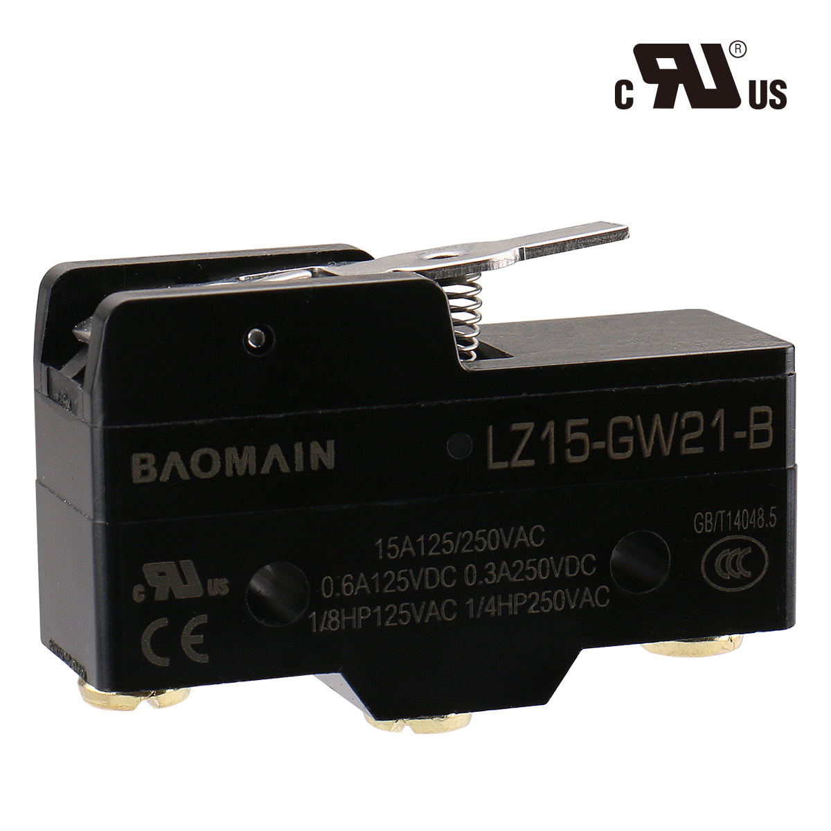Baomain Mikroschalter, kurzer Scharnierhebel, 15 A, 250 VAC, SPDT, 1 NO, 1 NC, Z15-GW21-B, momentaner Mikro-Drucktastenschalter, UL CE-gelistet