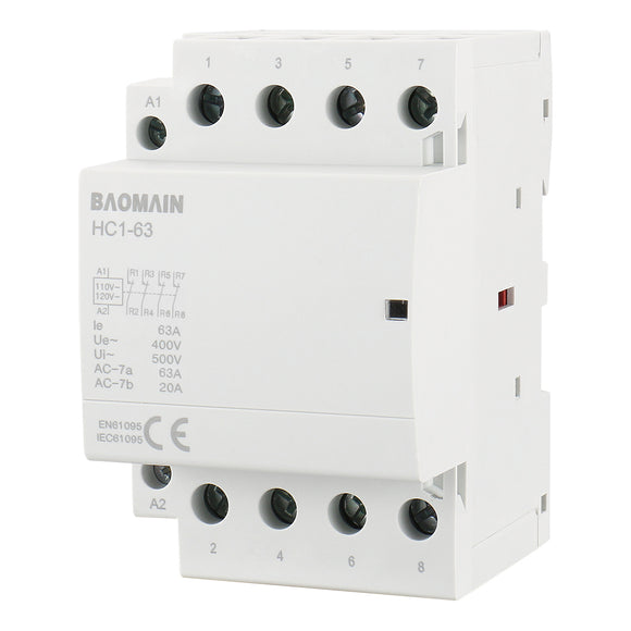 Baomain Normally Closed AC Contactor 4 Pole HC1-63(BCT-63/04) 63A 12V/24V/110V/220V NC Universal Circuit Control 35mm DIN Rail Mount