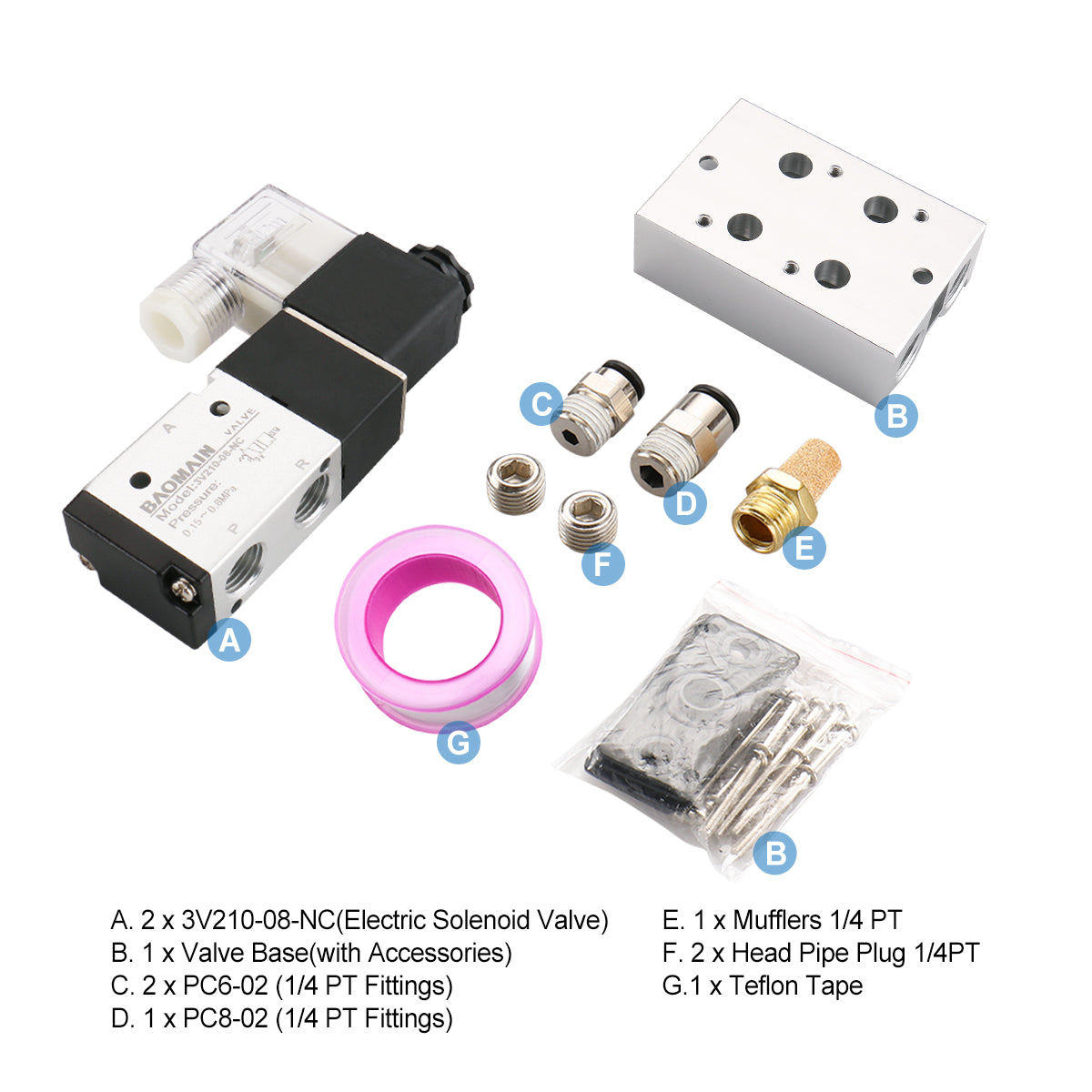 Baomain 2 Space Pneumatisches Magnetventil 3V210-08 12 V/24 V/110 V/220 V PT1/4 2-Positionen-3-Wege-Verteiler mit Basisschalldämpfer-Schnellmontagesatz