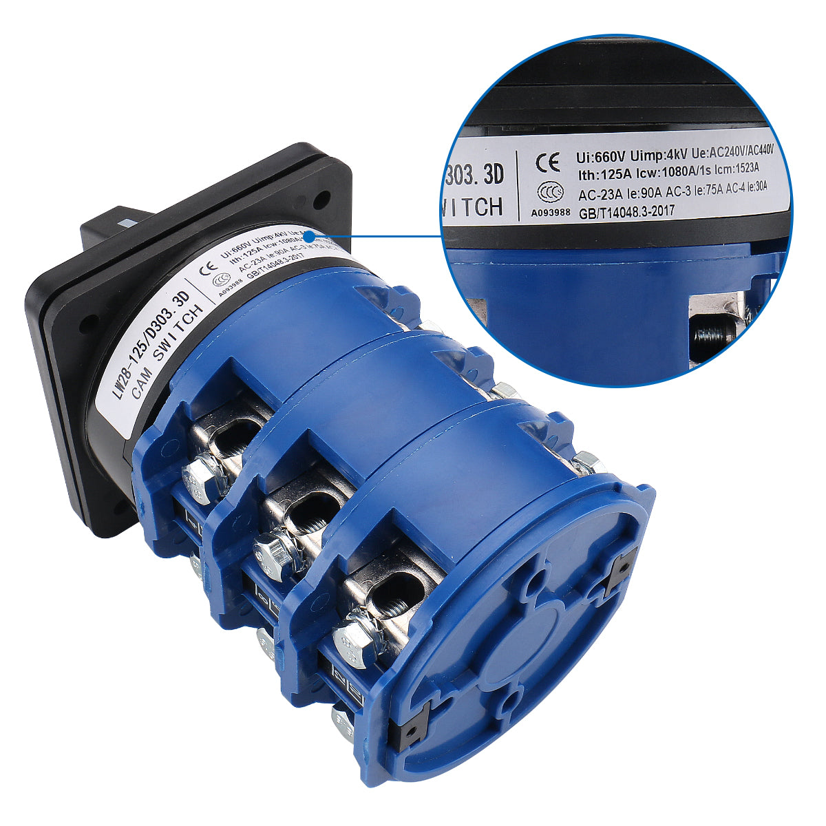 Rotary Cam Changeover Switch LW28-125/3 (SZW26-125/D303.3) 660V 125A ON/Off/ON 3 Position - BAOMAIN