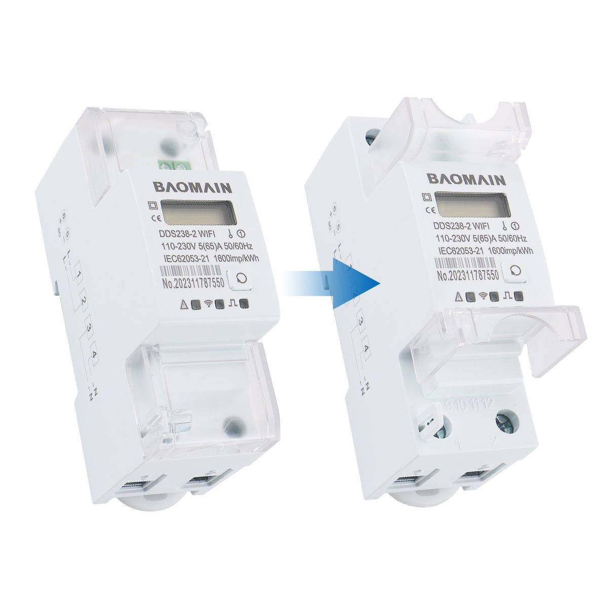 Baomain Single Phase Smart Energy Meter DDS238-2 WiFi 110-230 VAC 5(65)Amp 50/60 Hz, 1600imp/kWh - BAOMAIN