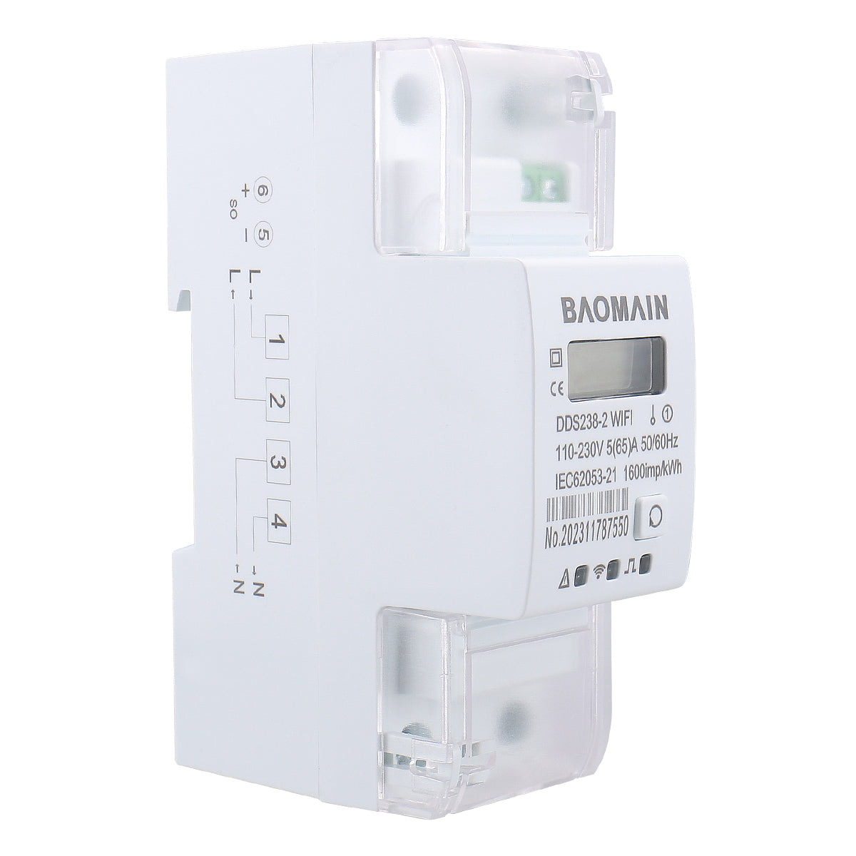 Baomain Single Phase Smart Energy Meter DDS238-2 WiFi 110-230 VAC 5(65)Amp 50/60 Hz, 1600imp/kWh - BAOMAIN