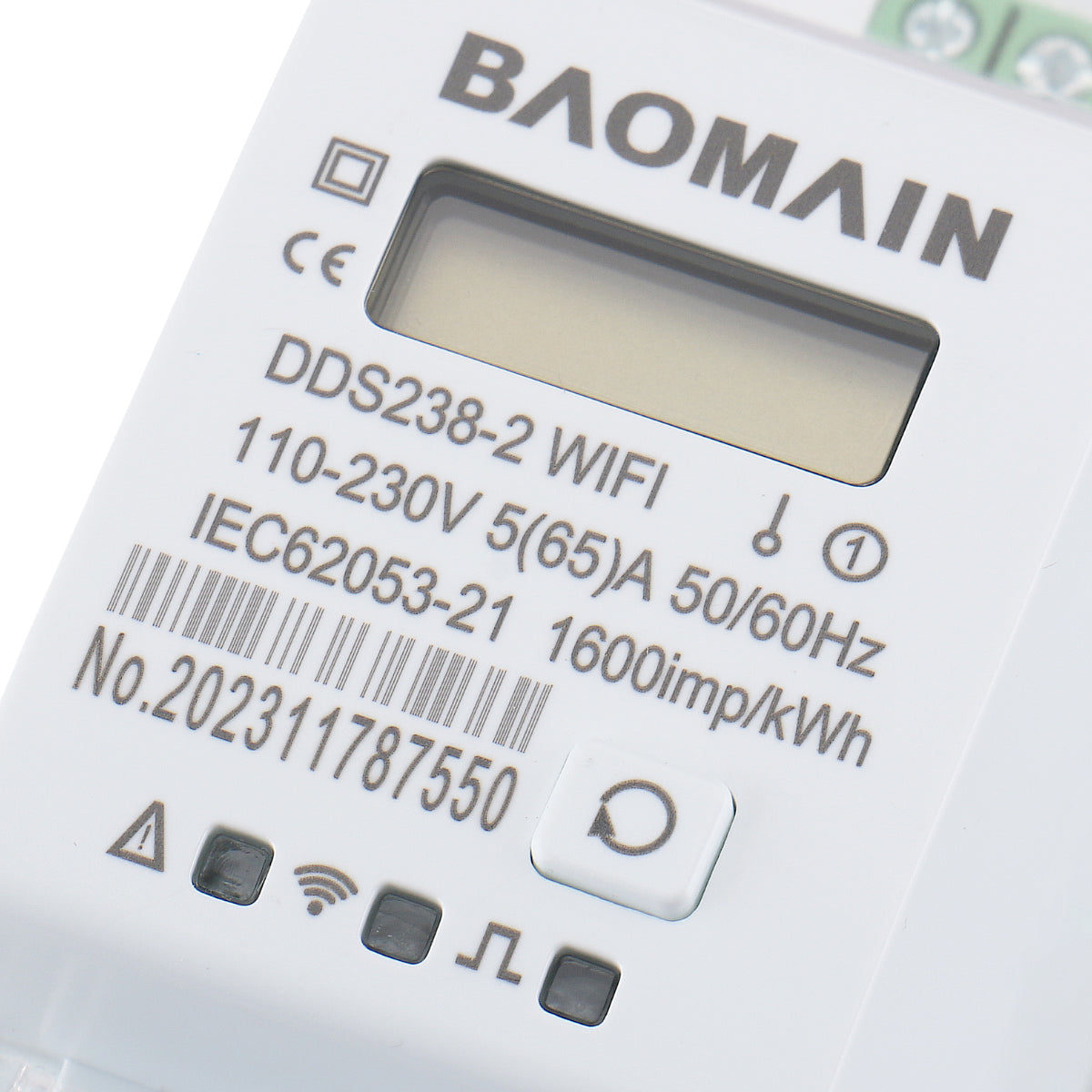 Baomain Single Phase Smart Energy Meter DDS238-2 WiFi 110-230 VAC 5(65)Amp 50/60 Hz, 1600imp/kWh - BAOMAIN