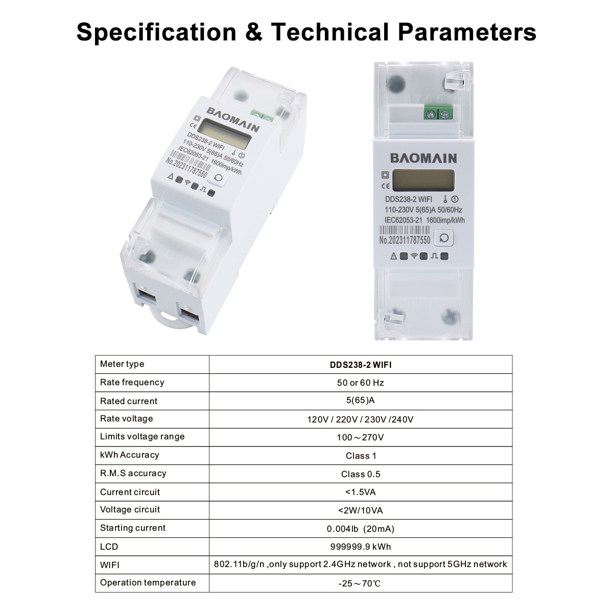 Baomain Single Phase Smart Energy Meter DDS238-2 WiFi 110-230 VAC 5(65)Amp 50/60 Hz, 1600imp/kWh - BAOMAIN