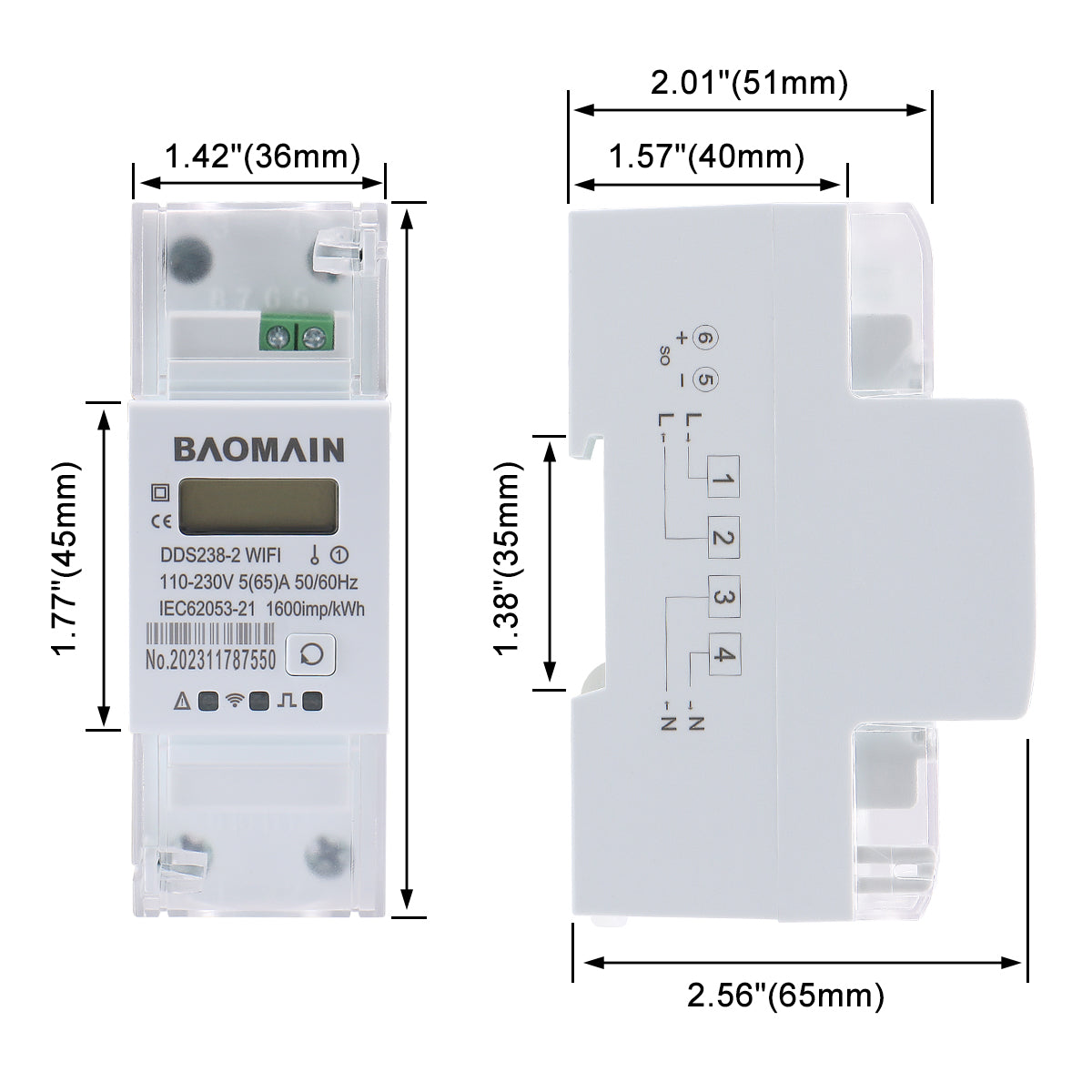 Baomain Single Phase Smart Energy Meter DDS238-2 WiFi 110-230 VAC 5(65)Amp 50/60 Hz, 1600imp/kWh - BAOMAIN