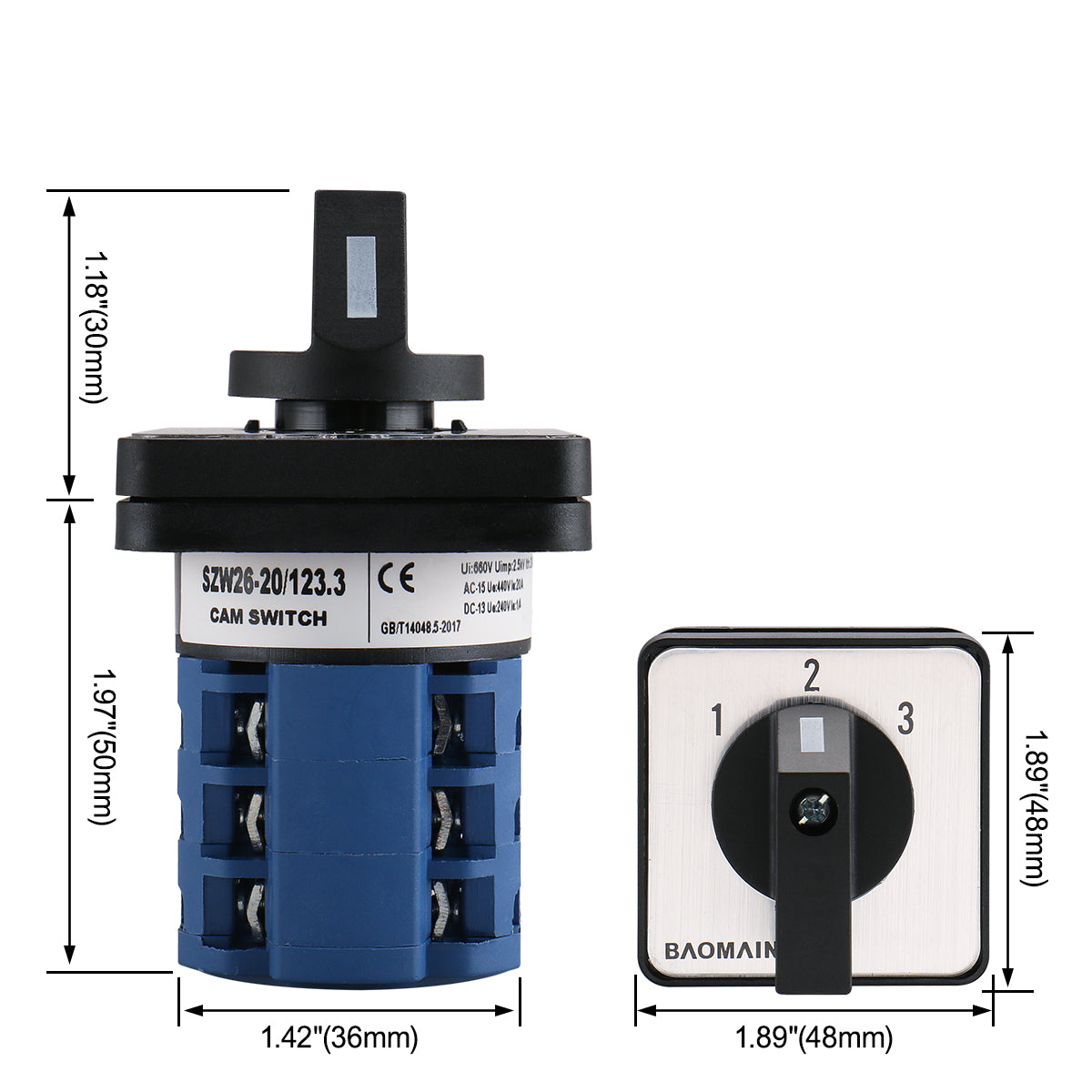 Baomain Universal Rotary Cam/Changeover Switch SZW26-20/123.3 660V 20A 3 Position 3 Phase 12 Terminal - BAOMAIN
