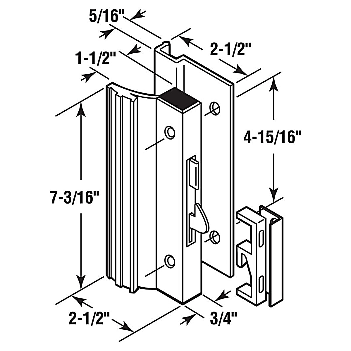Sliding Glass Patio Door Handle Set C-1001 4-15/16" Screw Holes, 1-1/2" Standard Handle Profile, Extruded Aluminum, Hook Style, Surface Mount, Black - BAOMAIN