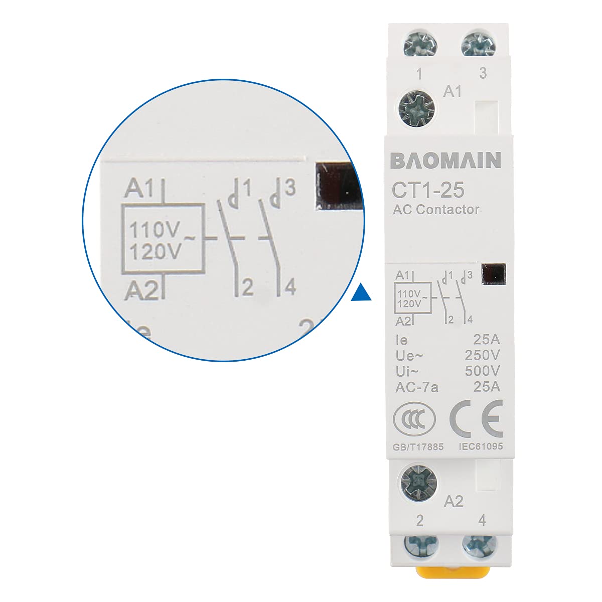 Baomain Household AC Contactor CT1-25(BCT-25) AC Coil 25A 2 Pole Universal Circuit Control - BAOMAIN