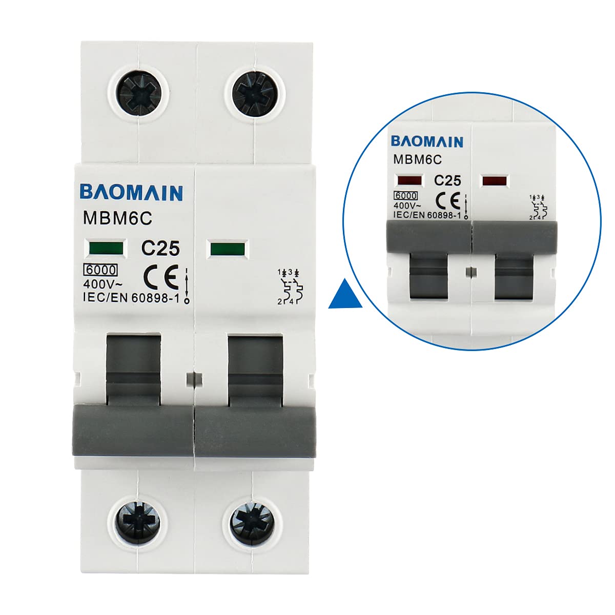 Baomain Miniature Circuit Breaker MCB Low Voltage 25 Amp, 2 Poles 400V, 6000A 35mm DIN Rail Mount - BAOMAIN