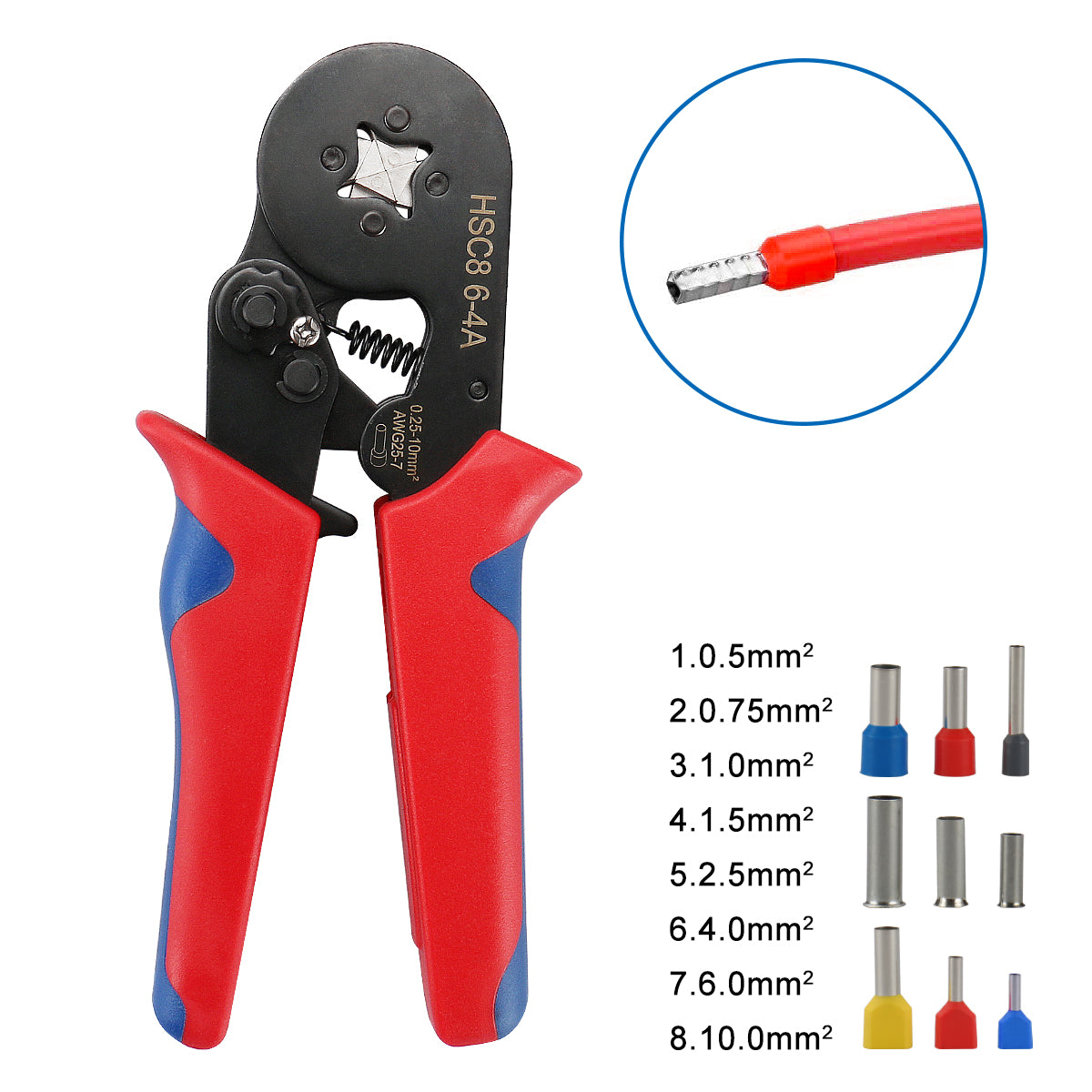 Baomain Crimping Plier HSC8 6-4A Self-adjustable Crimping Tools for 0.25-6 mm² AWG 23-10, Square Ferrule Wire Cable End-sleeves Red - BAOMAIN