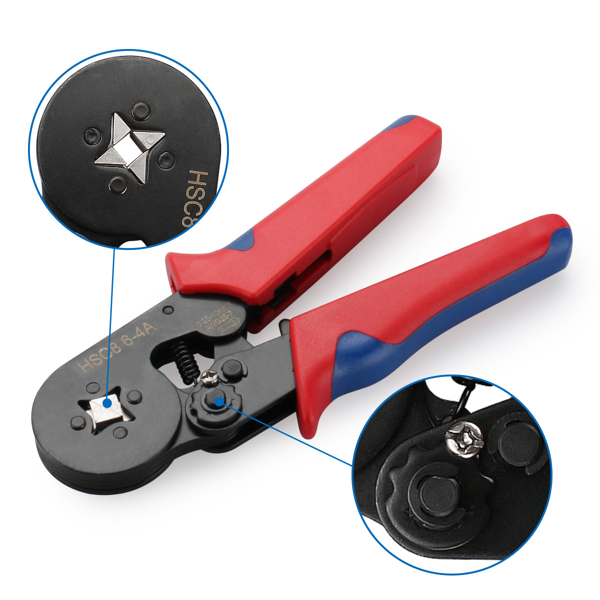 Baomain Crimping Plier HSC8 6-4A Self-adjustable Crimping Tools for 0.25-6 mm² AWG 23-10, Square Ferrule Wire Cable End-sleeves Red - BAOMAIN