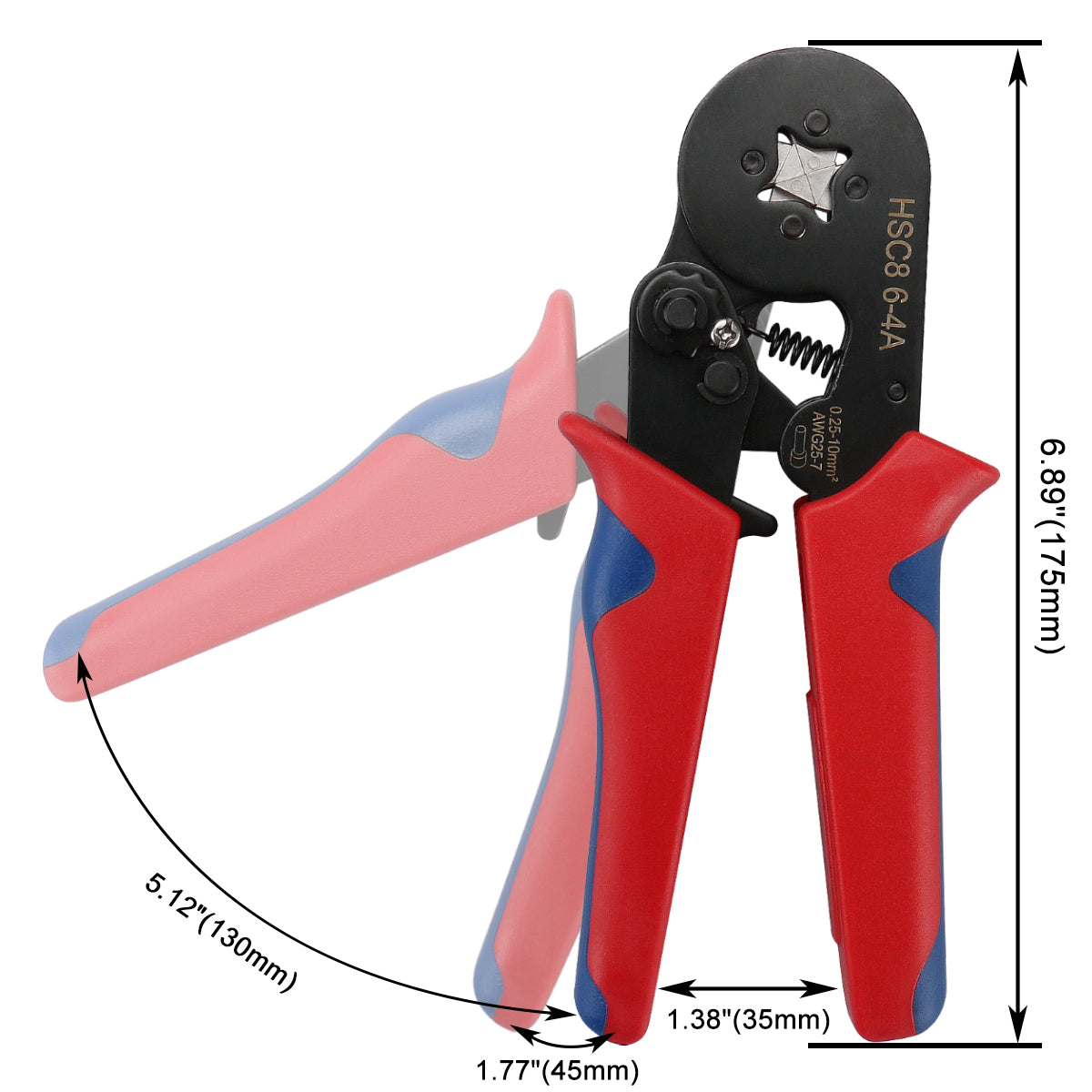 Baomain Crimping Plier HSC8 6-4A Self-adjustable Crimping Tools for 0.25-6 mm² AWG 23-10, Square Ferrule Wire Cable End-sleeves Red - BAOMAIN