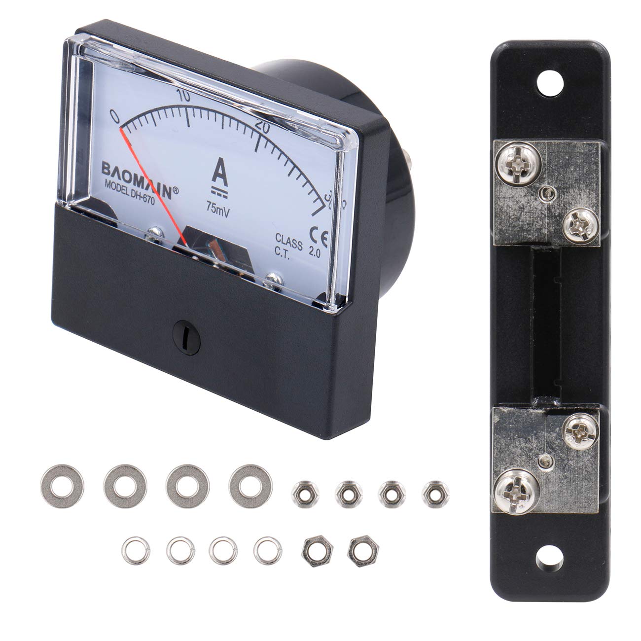 Baomain Rechteckiges analoges Panel-Strommessgerät DH-670 DC 0-30A 70 mm x 60 mm Amperemeter Klasse 2.0 mit 75 mV Shunt