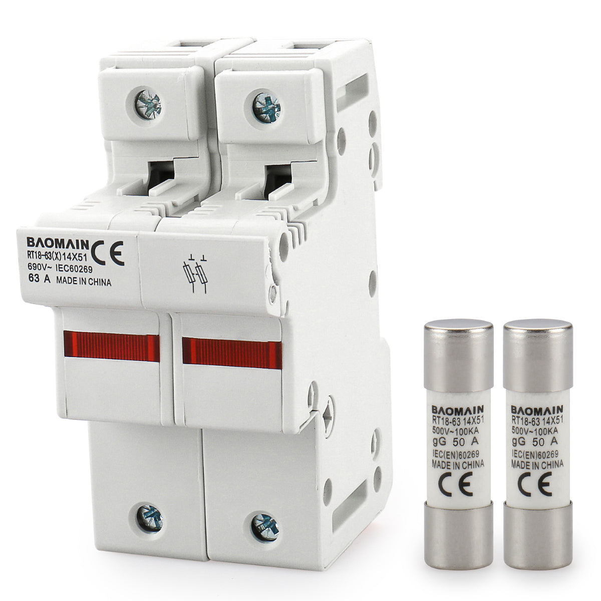 Baomain Zylindrischer Sicherungshalter RT18-63(X) 14 mm x 51 mm Sicherungssockel 2-polig DIN-Verteilung Elektrische Schienenmontage 10 Stück RO16-Sicherung (25 A/32 A/40 A/50 A/63 A Ampere) CE- und TÜV-gelistet