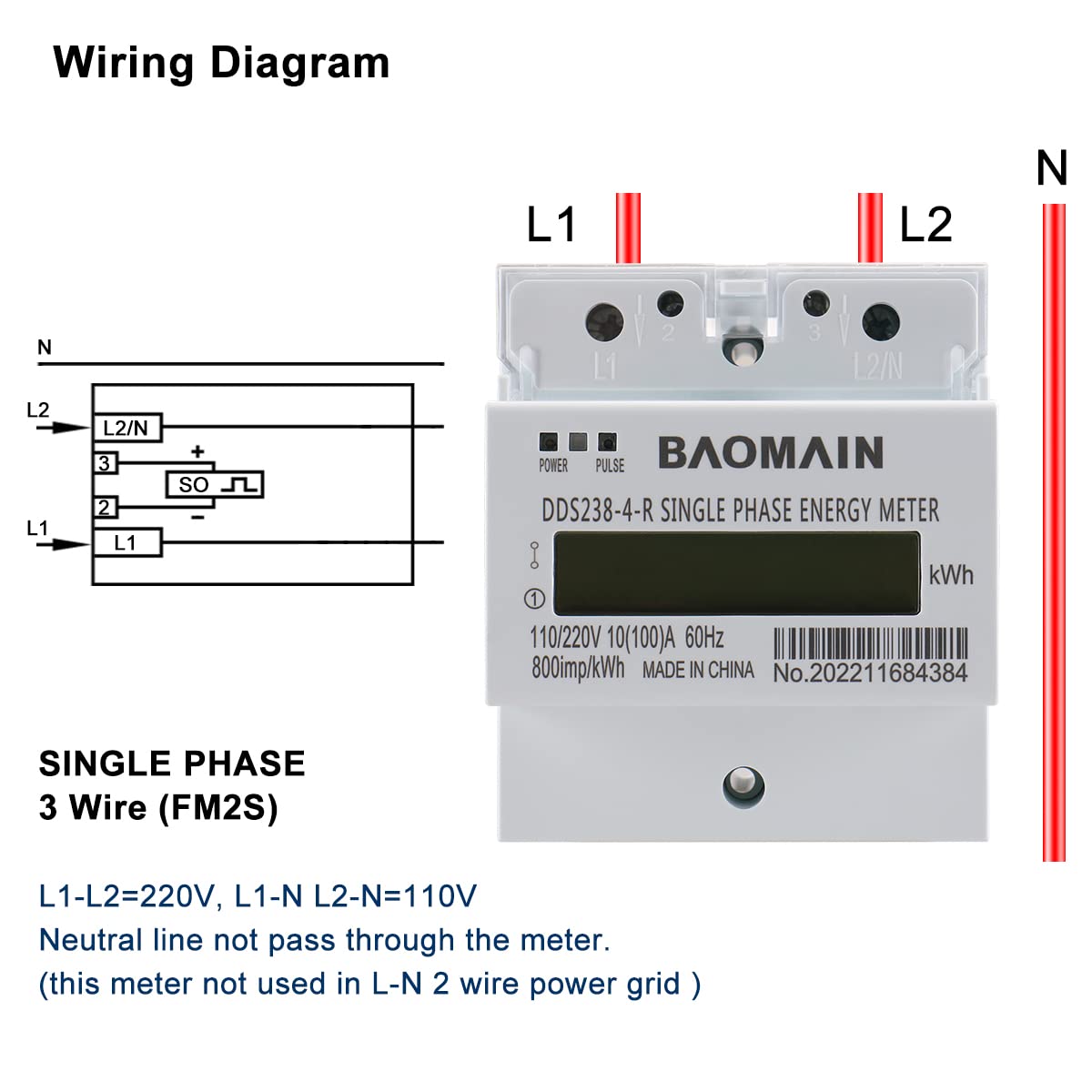 Baomain DDS238-4-R DIN-Rail Single Phase Three Wire Energy Meter 110V 220V 60Hz 10 (100) A - BAOMAIN